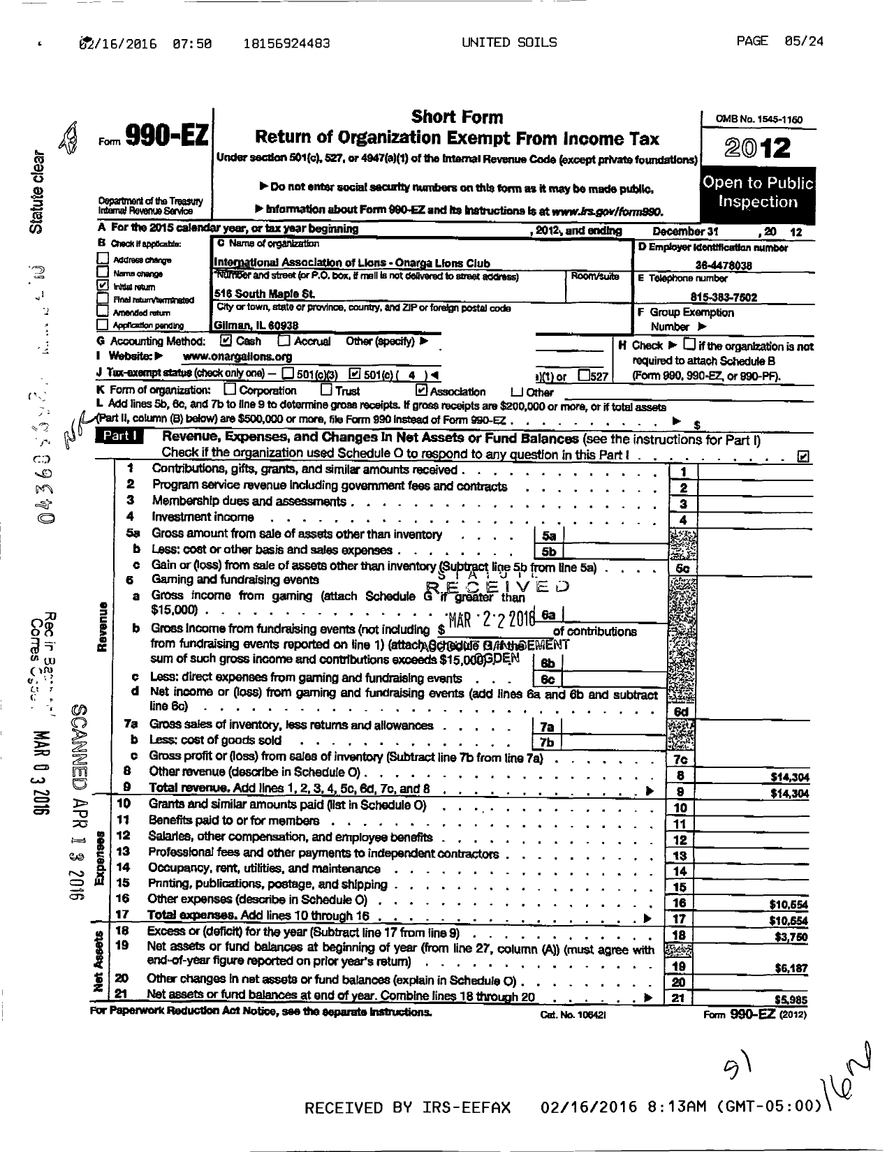 Image of first page of 2012 Form 990EO for Onarga Lions Club