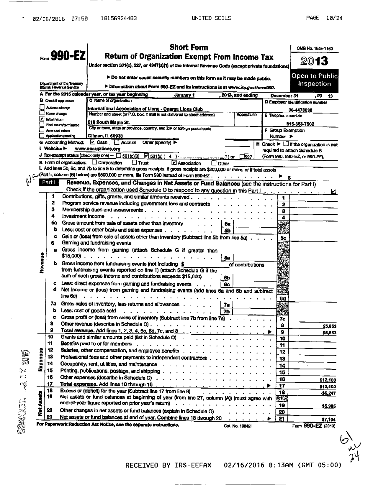 Image of first page of 2013 Form 990EO for Onarga Lions Club