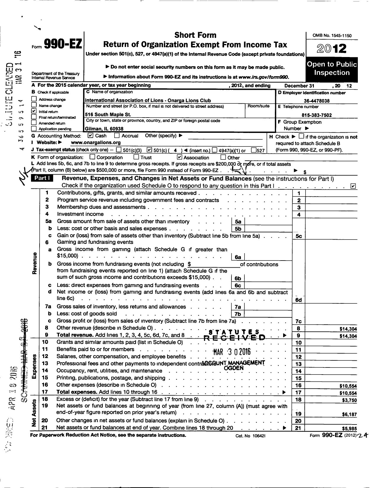 Image of first page of 2012 Form 990EO for Onarga Lions Club