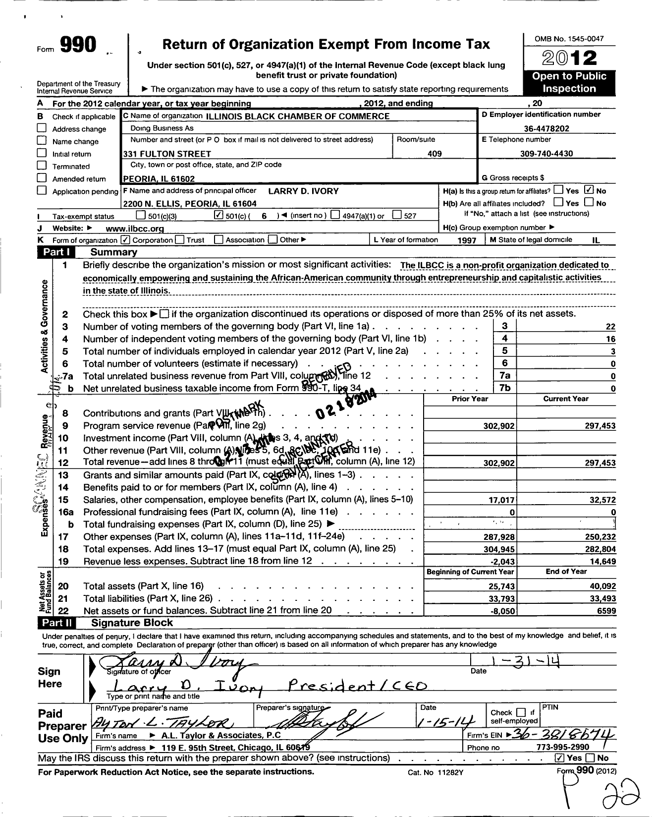 Image of first page of 2012 Form 990O for Illinois State Black Chamber of Commerce