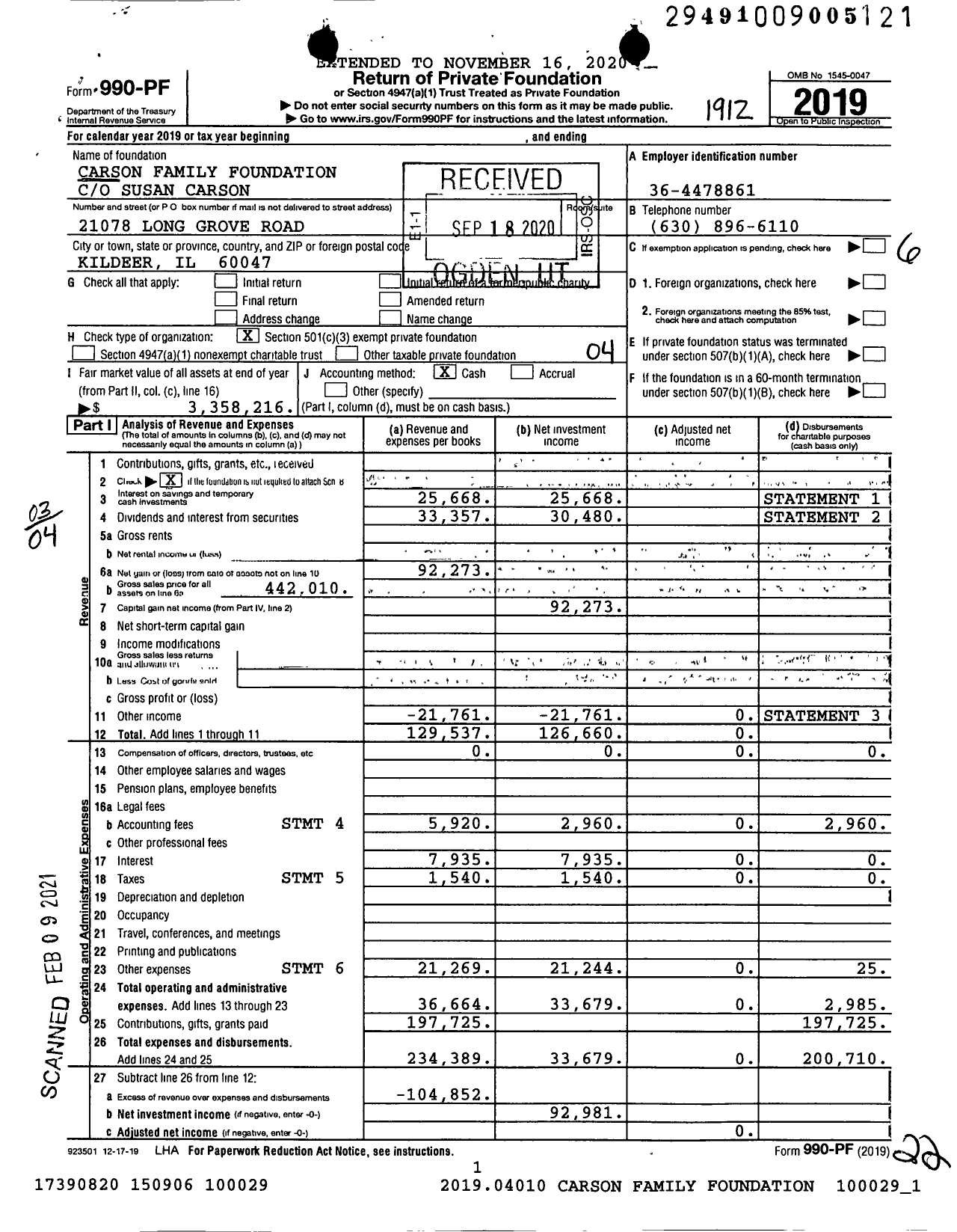 Image of first page of 2019 Form 990PF for Carson Family Foundation