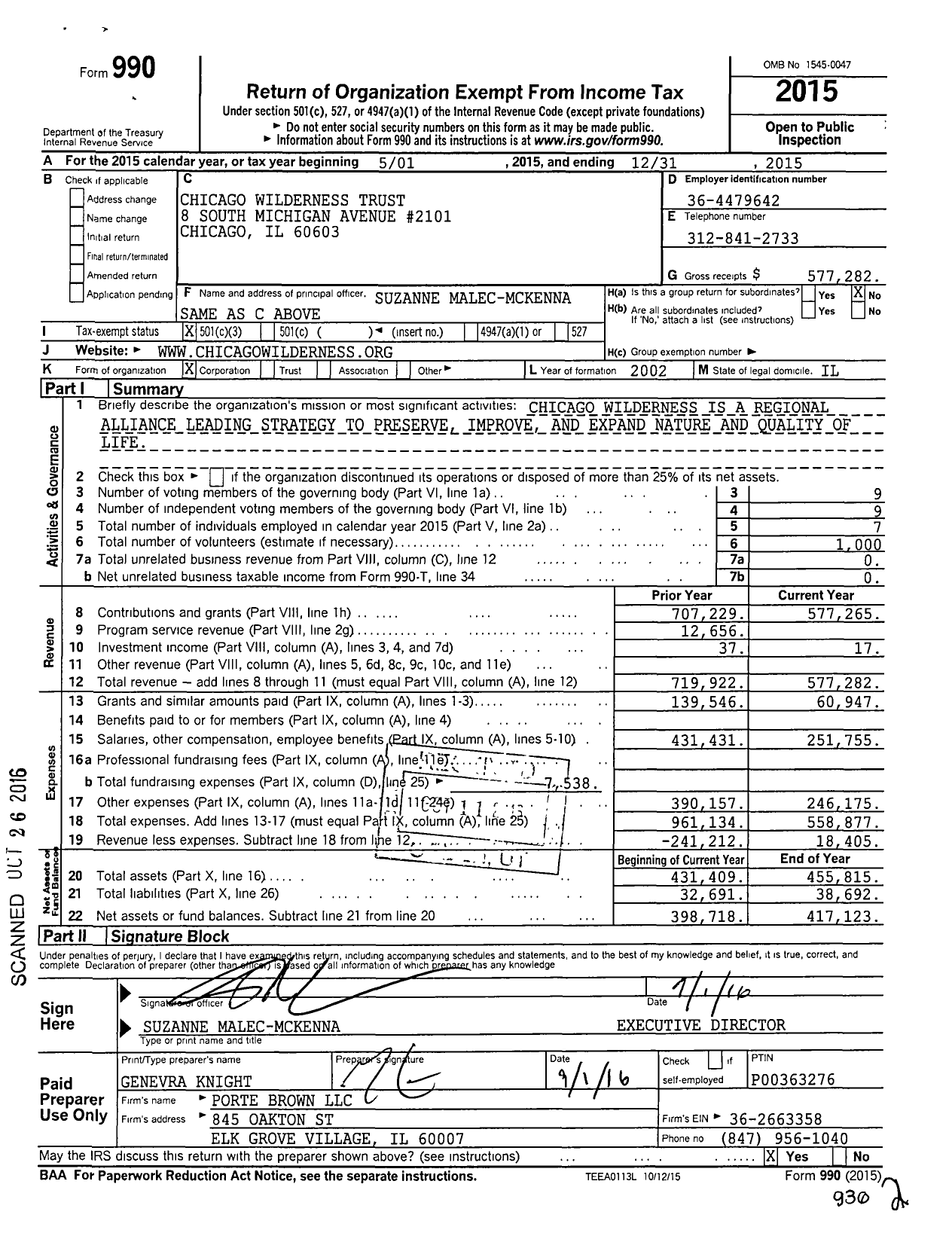 Image of first page of 2015 Form 990 for Chicago Wilderness Trust