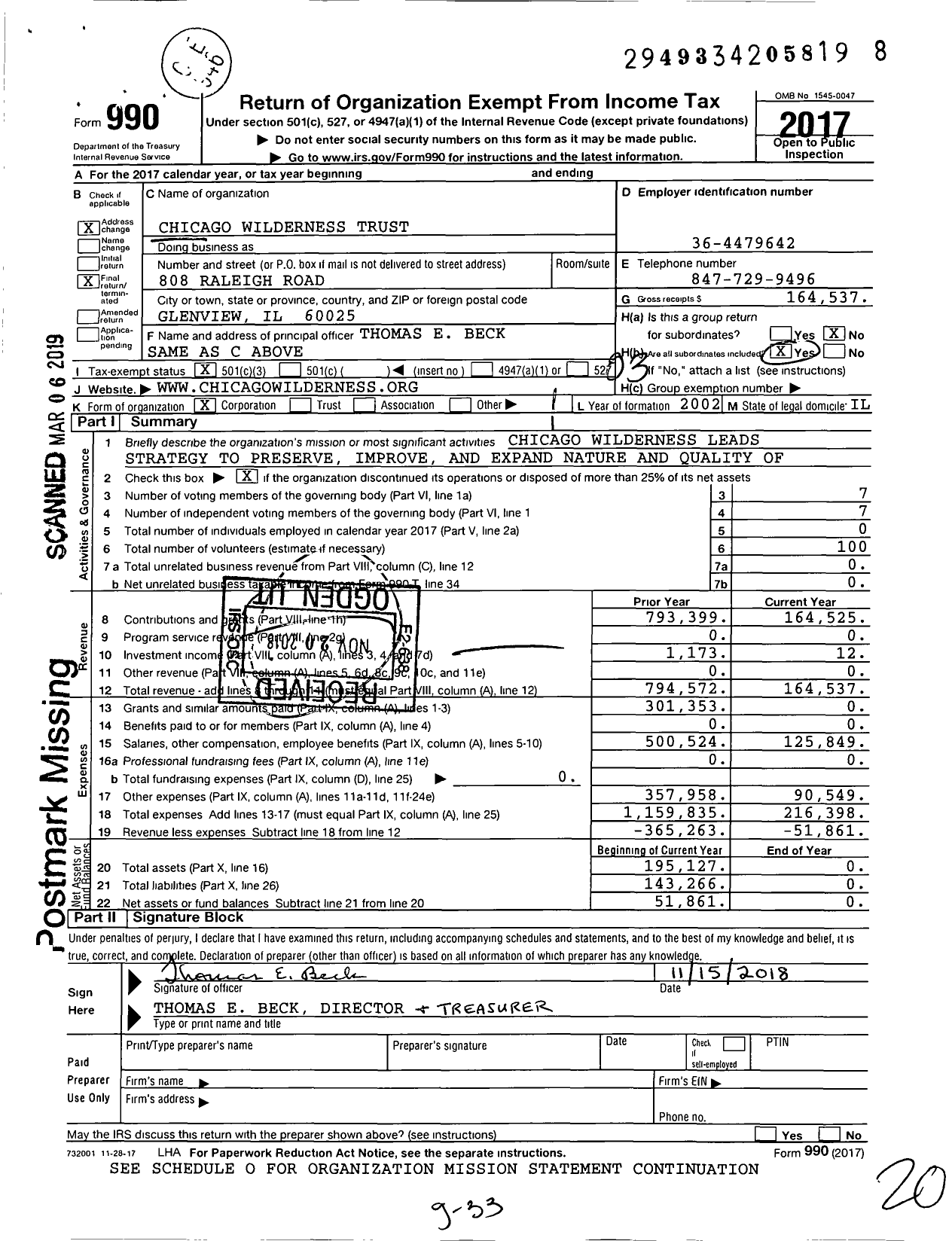 Image of first page of 2017 Form 990 for Chicago Wilderness Trust