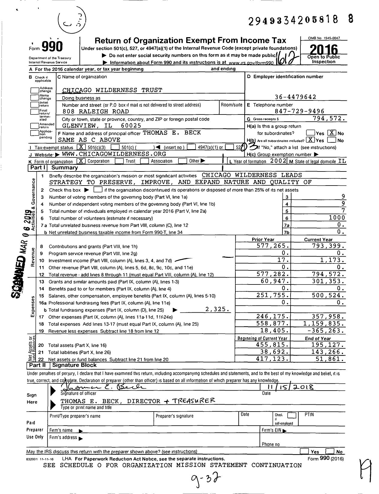 Image of first page of 2016 Form 990 for Chicago Wilderness Trust