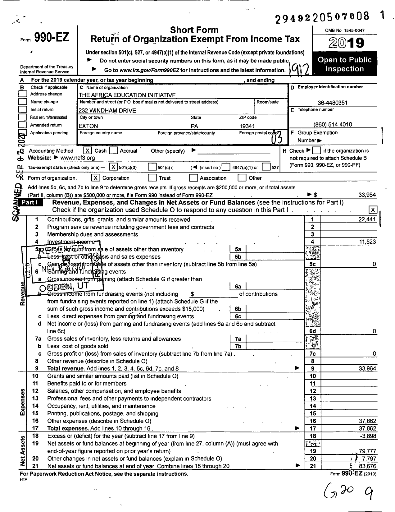 Image of first page of 2019 Form 990EZ for The African Education Initiative