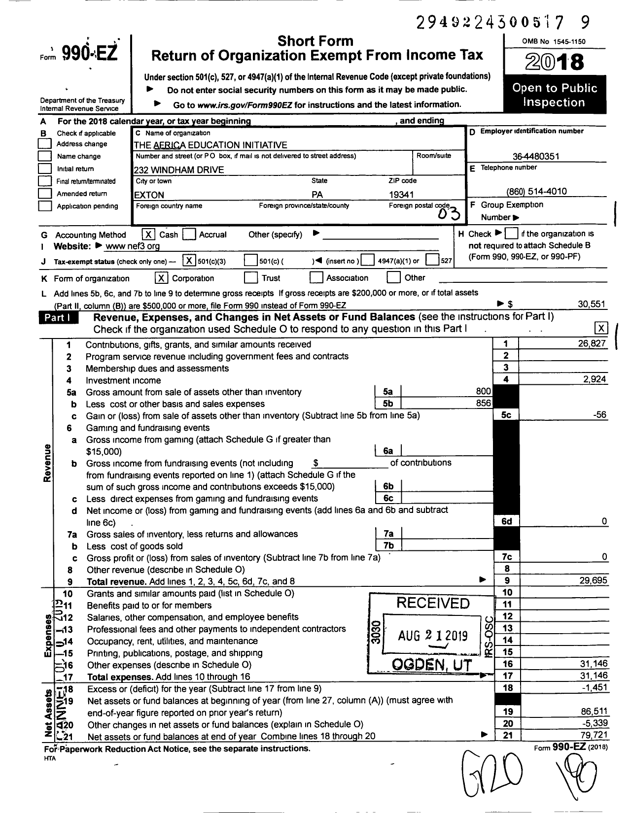 Image of first page of 2018 Form 990EZ for The African Education Initiative