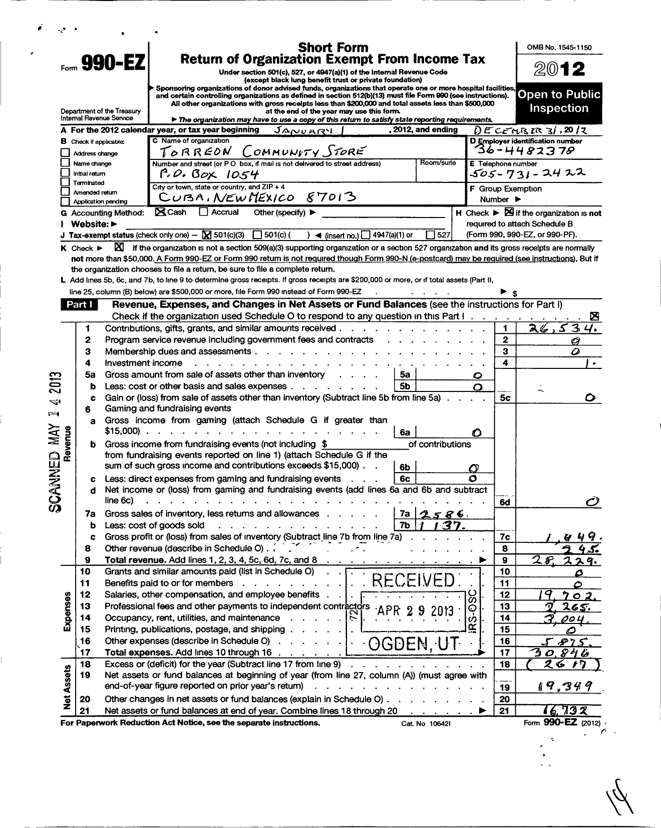 Image of first page of 2012 Form 990EZ for Torreon Community Alliance