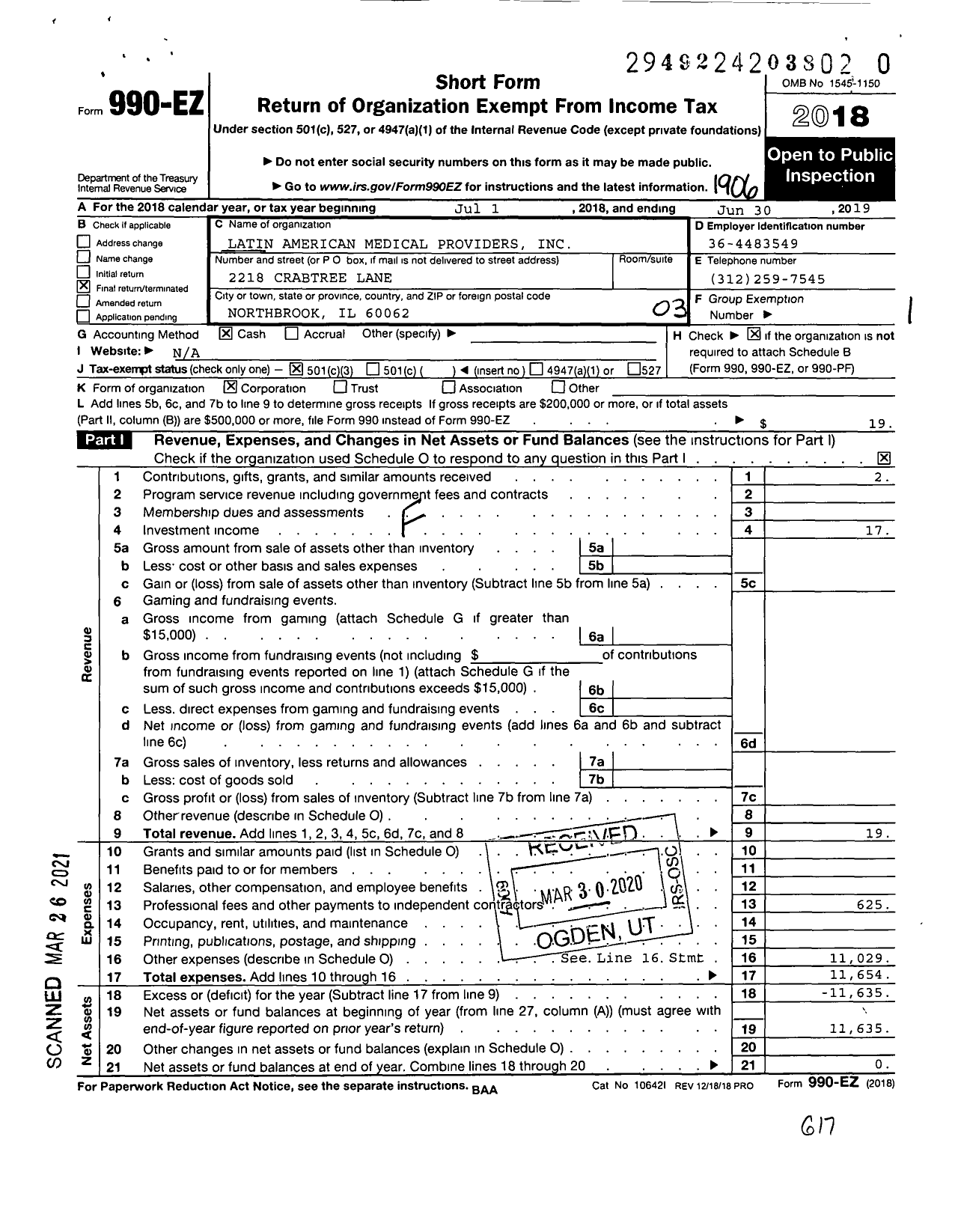 Image of first page of 2018 Form 990EZ for Latin American Medical Providers