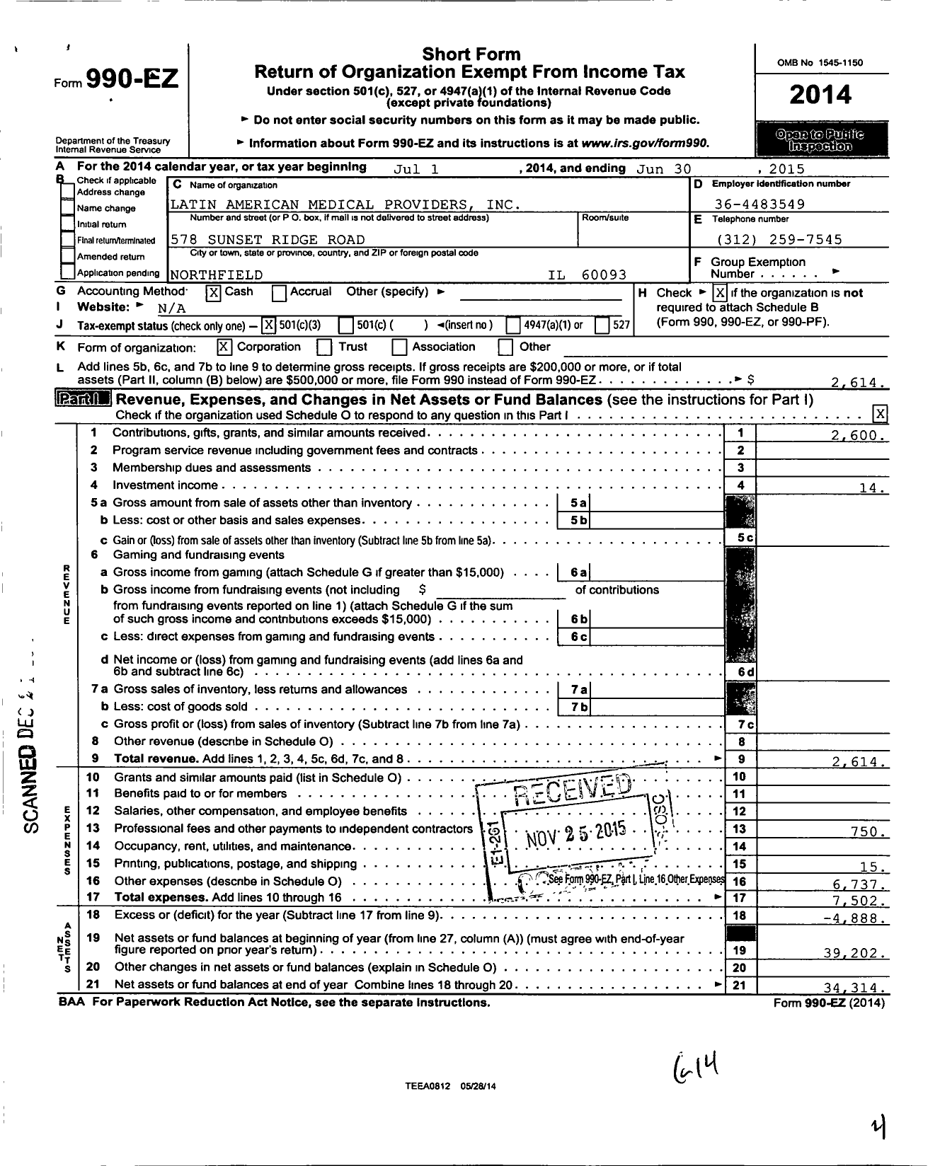 Image of first page of 2014 Form 990EZ for Latin American Medical Providers