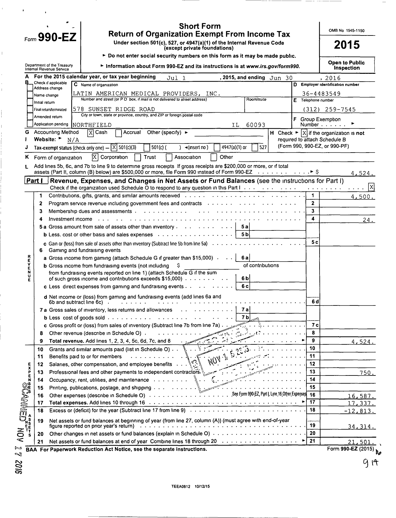 Image of first page of 2015 Form 990EZ for Latin American Medical Providers