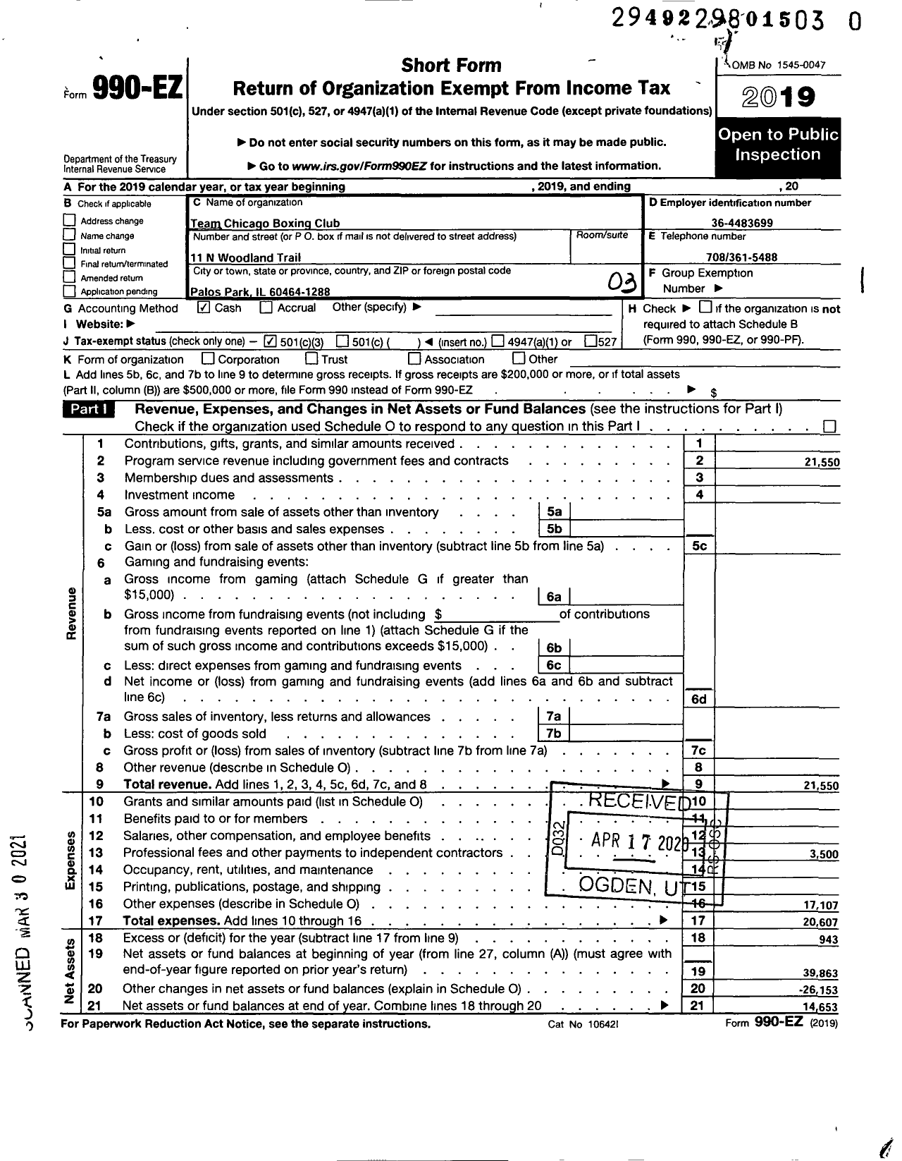 Image of first page of 2019 Form 990EZ for Team Boxing Chicago