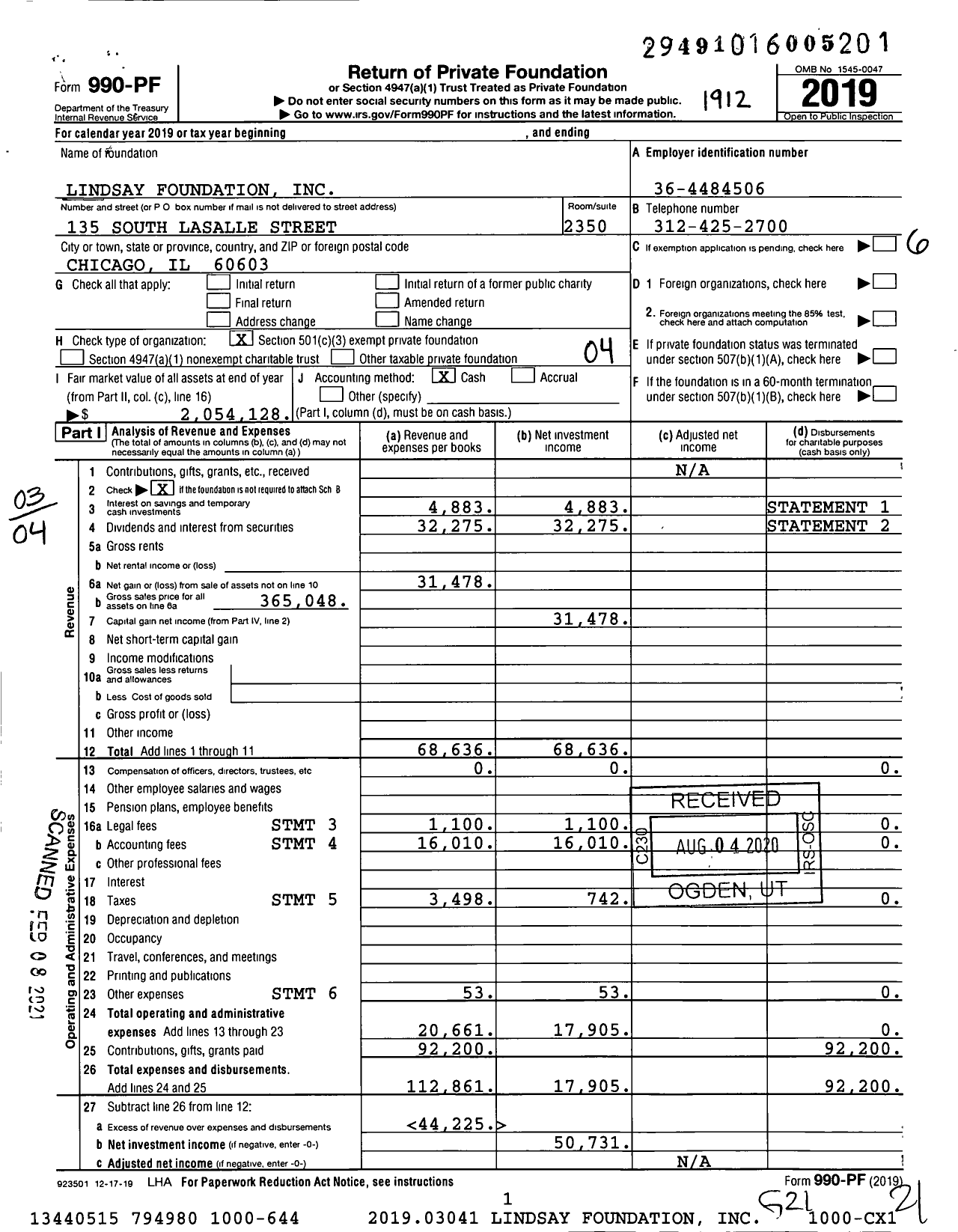 Image of first page of 2019 Form 990PF for Lindsay Foundation