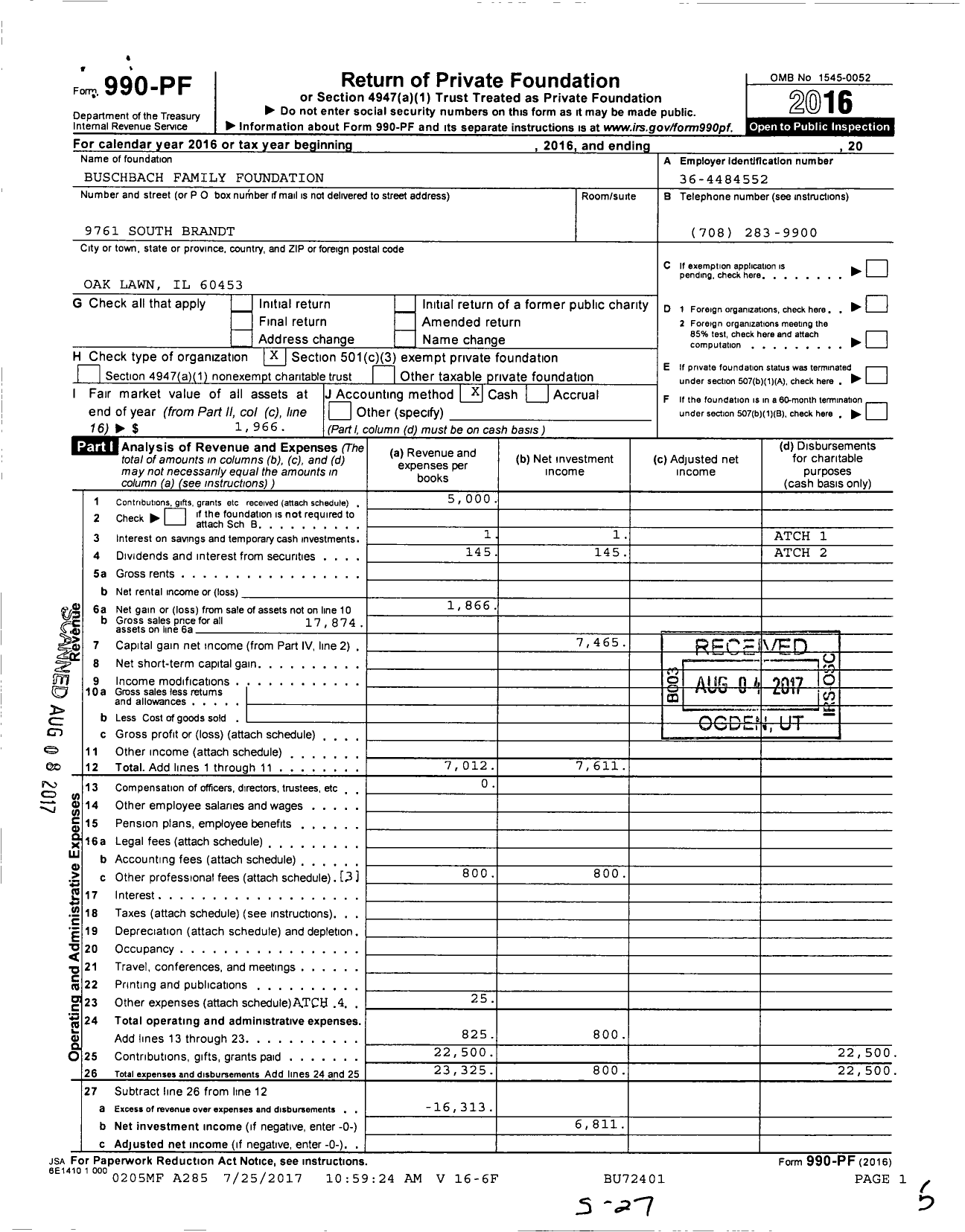 Image of first page of 2016 Form 990PF for Buschbach Family Foundation