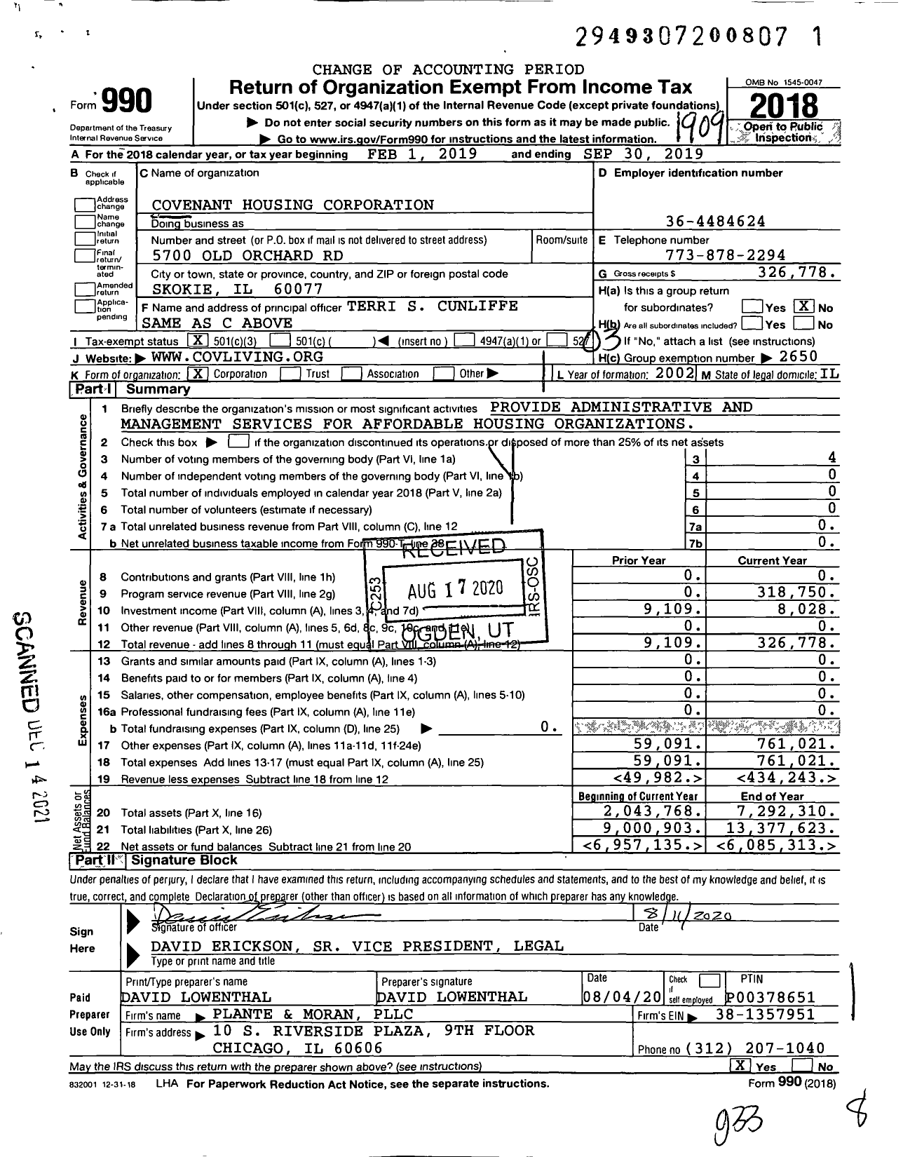 Image of first page of 2018 Form 990 for Covenant Housing Corporation