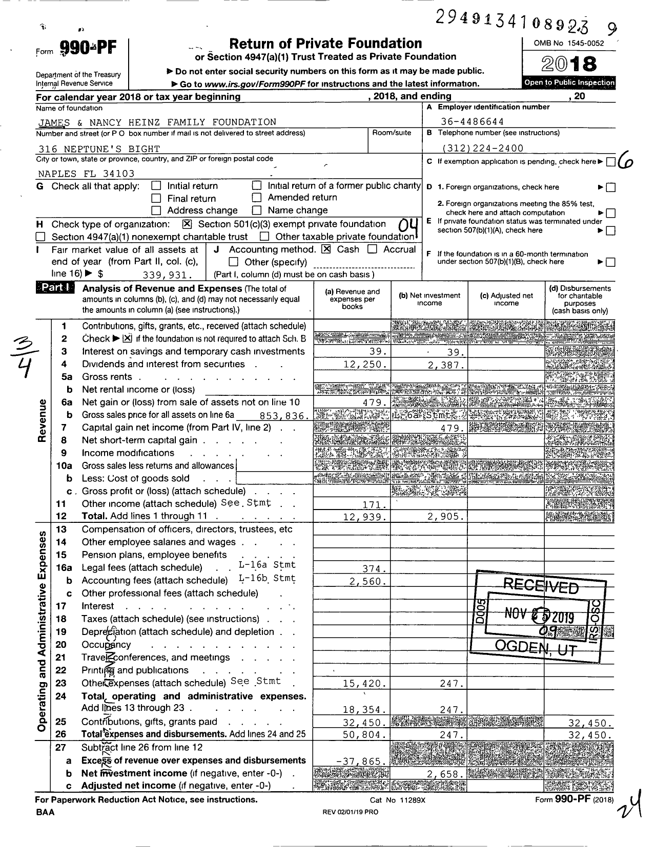 Image of first page of 2018 Form 990PF for James & Nancy Heinz Family Foundation