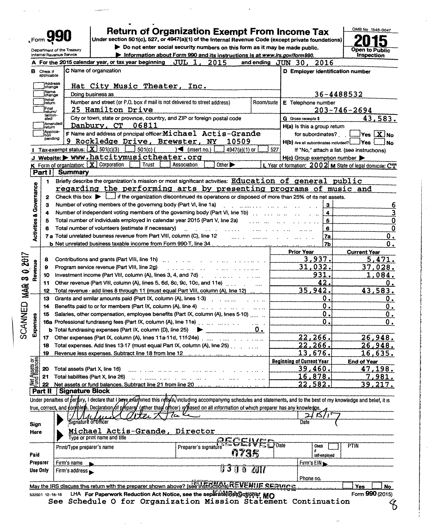 Image of first page of 2015 Form 990 for Hat City Music Theater