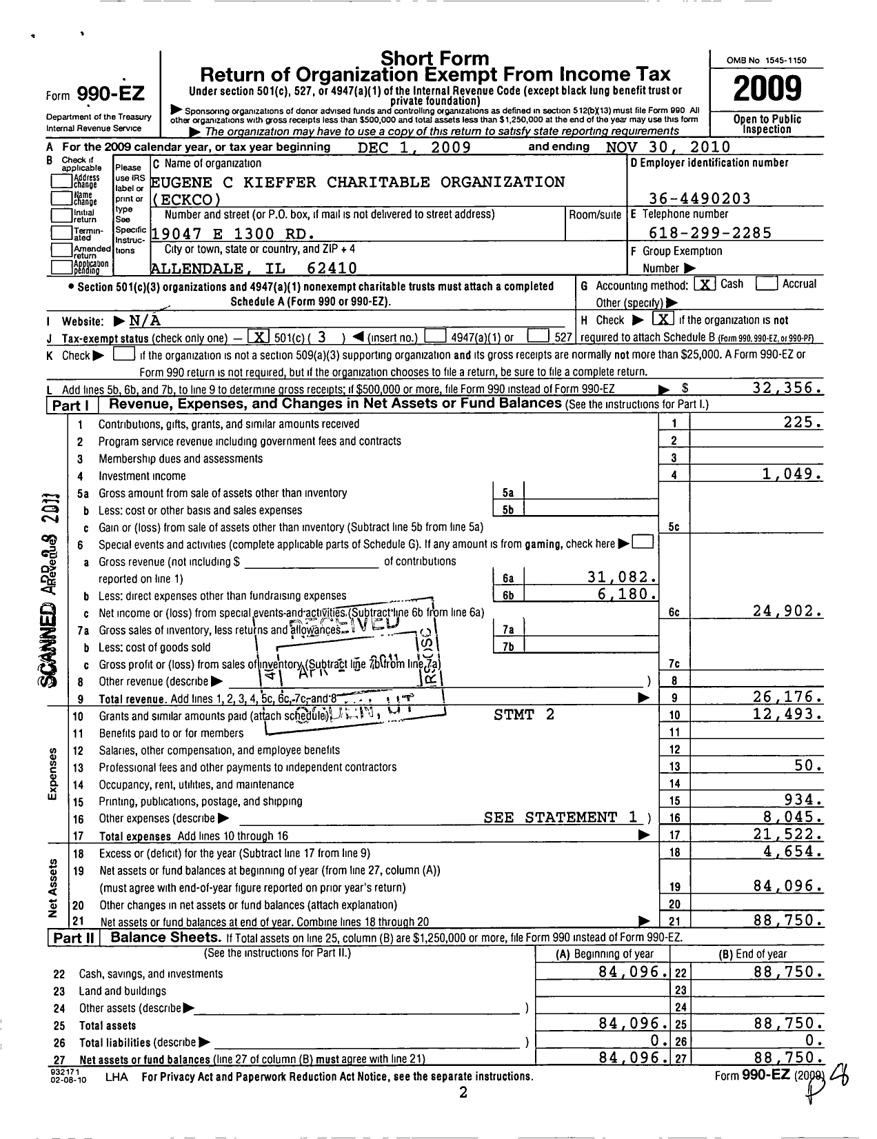 Image of first page of 2009 Form 990EZ for Eugene C Kieffer Charitable Organization (ECKCO)