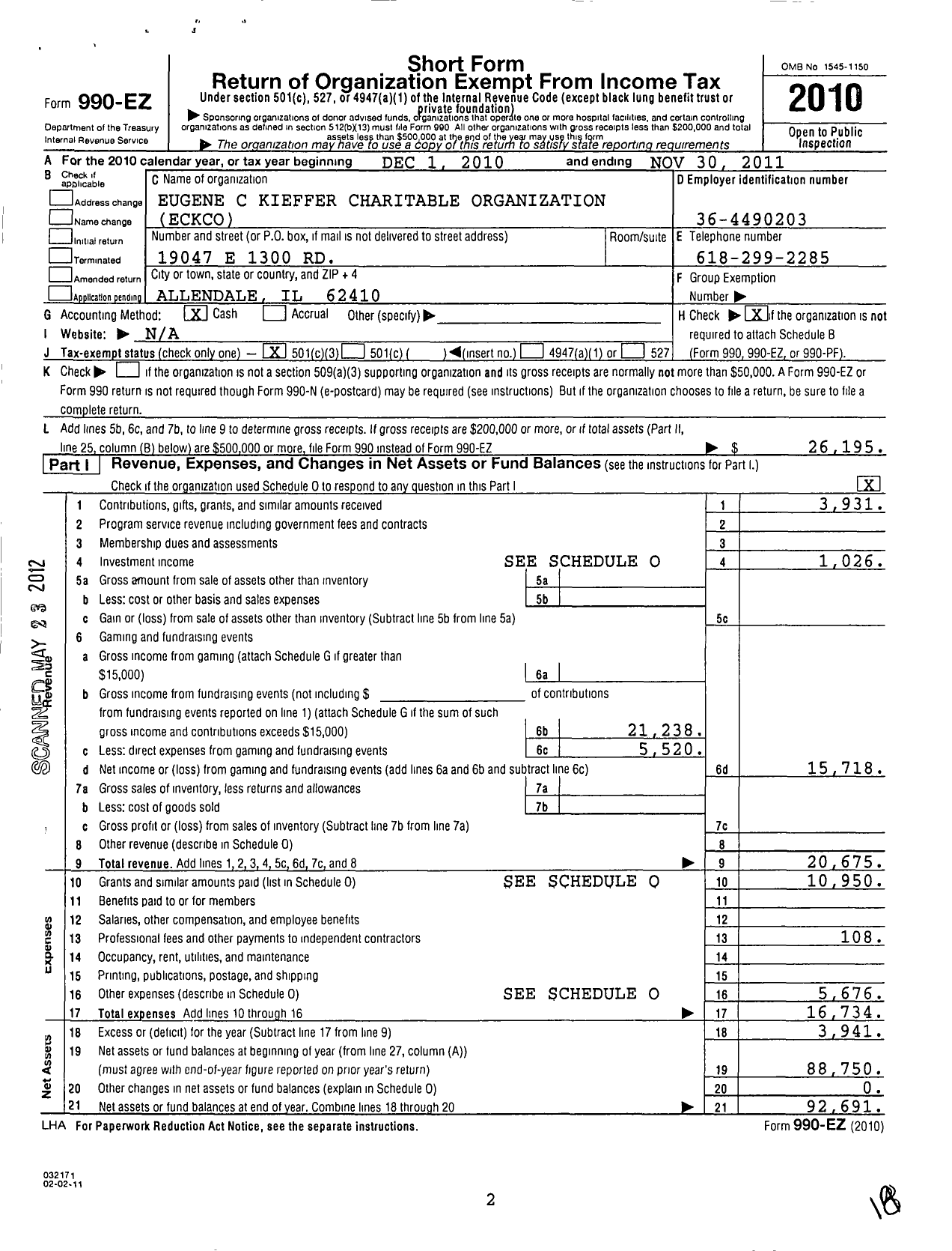 Image of first page of 2010 Form 990EZ for Eugene C Kieffer Charitable Organization (ECKCO)