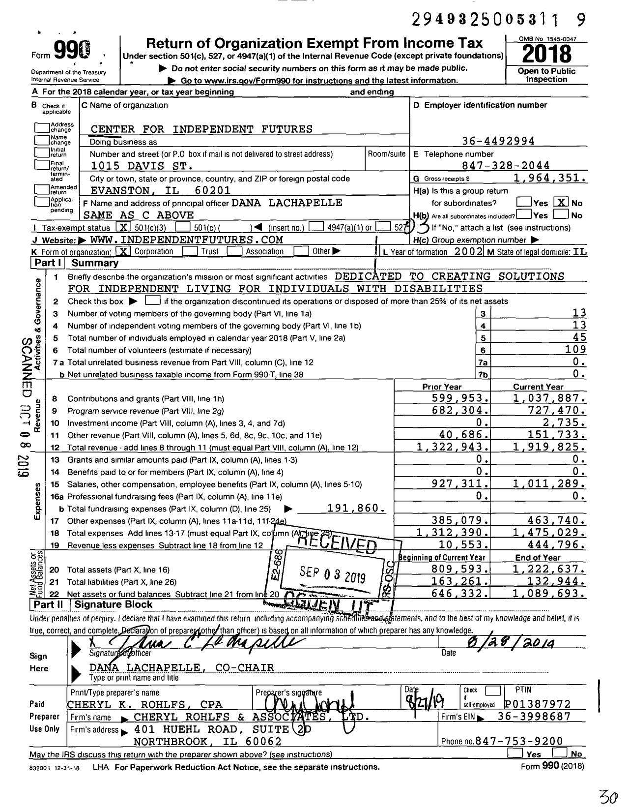 Image of first page of 2018 Form 990 for Center for Independent Futures (CIF)