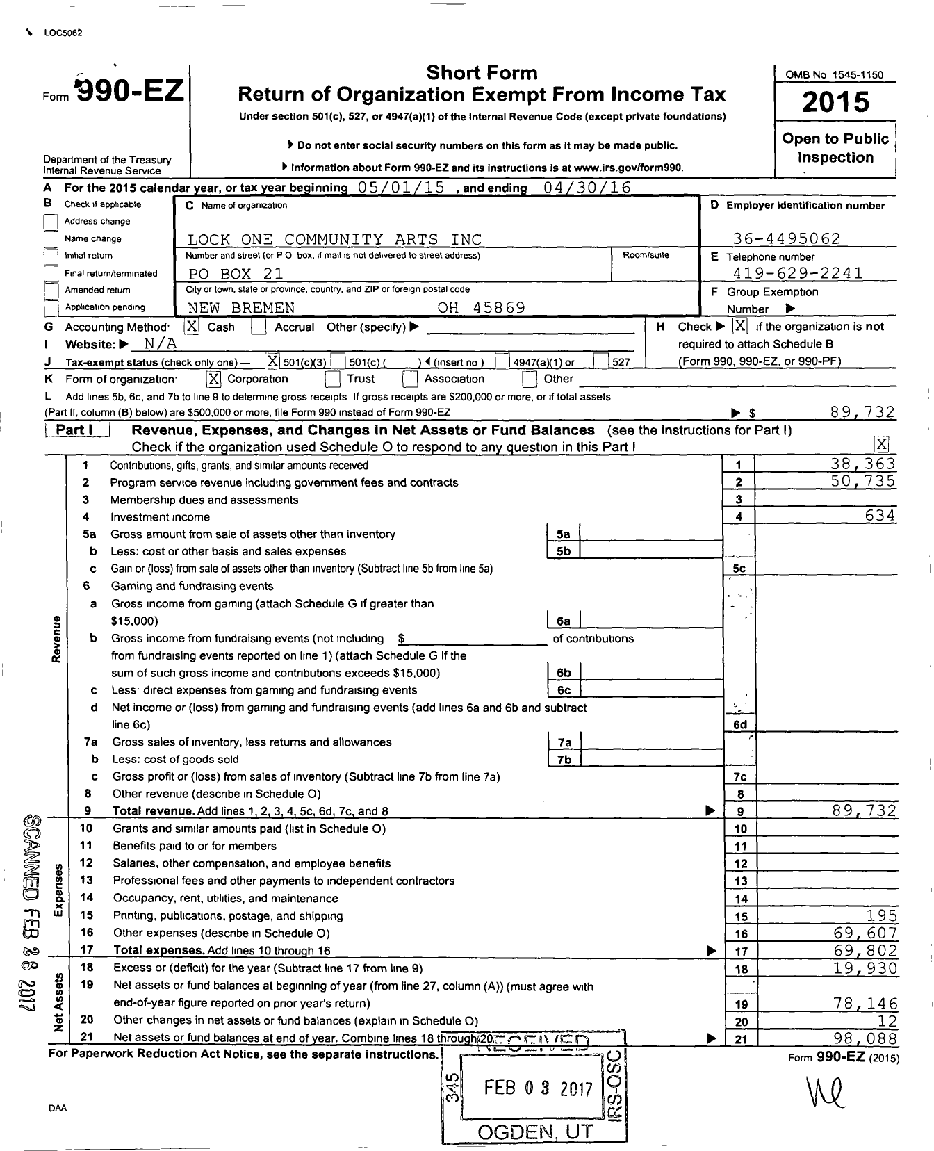 Image of first page of 2015 Form 990EZ for Lock One Community Arts