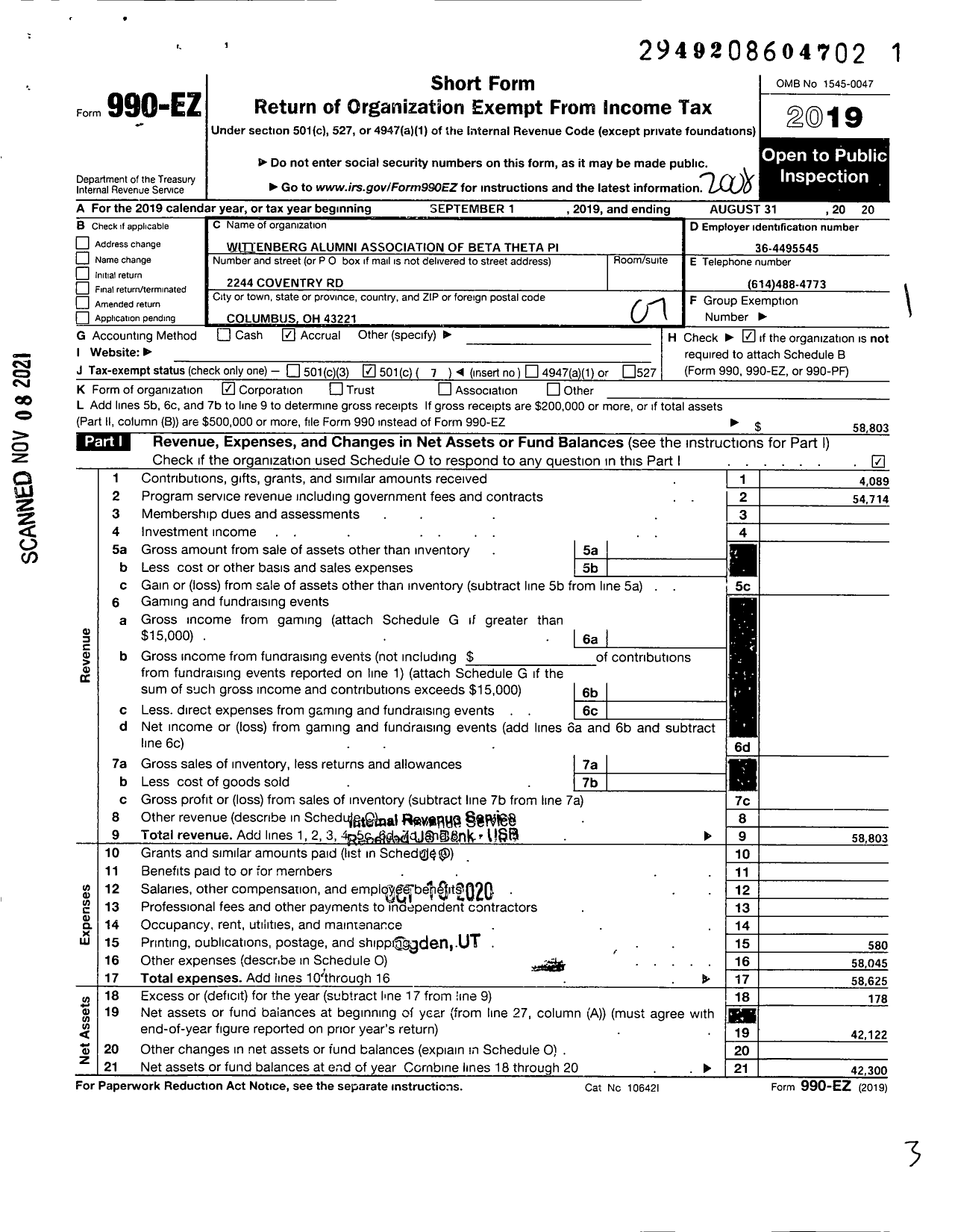 Image of first page of 2019 Form 990EO for Wittenberg Alumni Association of Beta Theta Pi