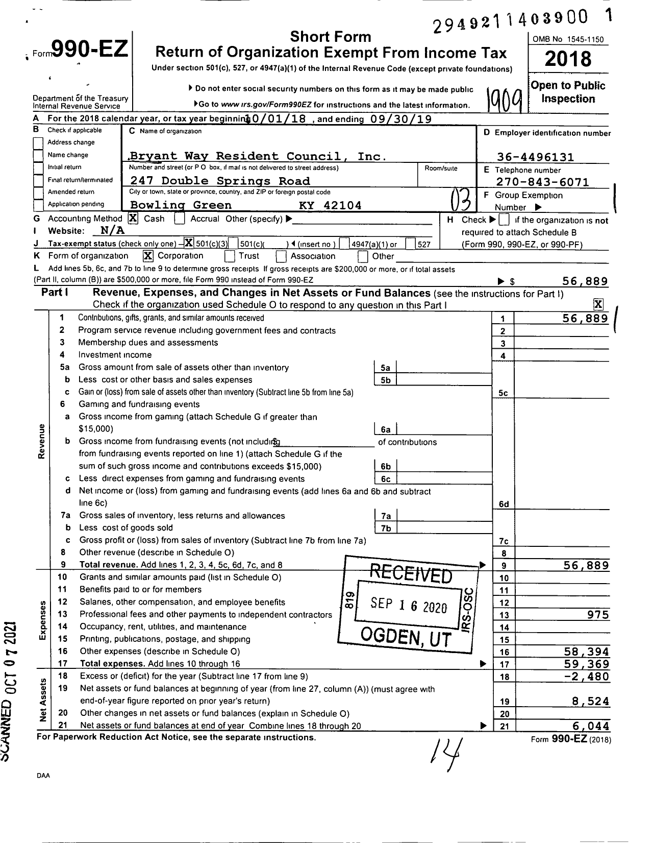 Image of first page of 2018 Form 990EZ for Bryant Way Resident Council