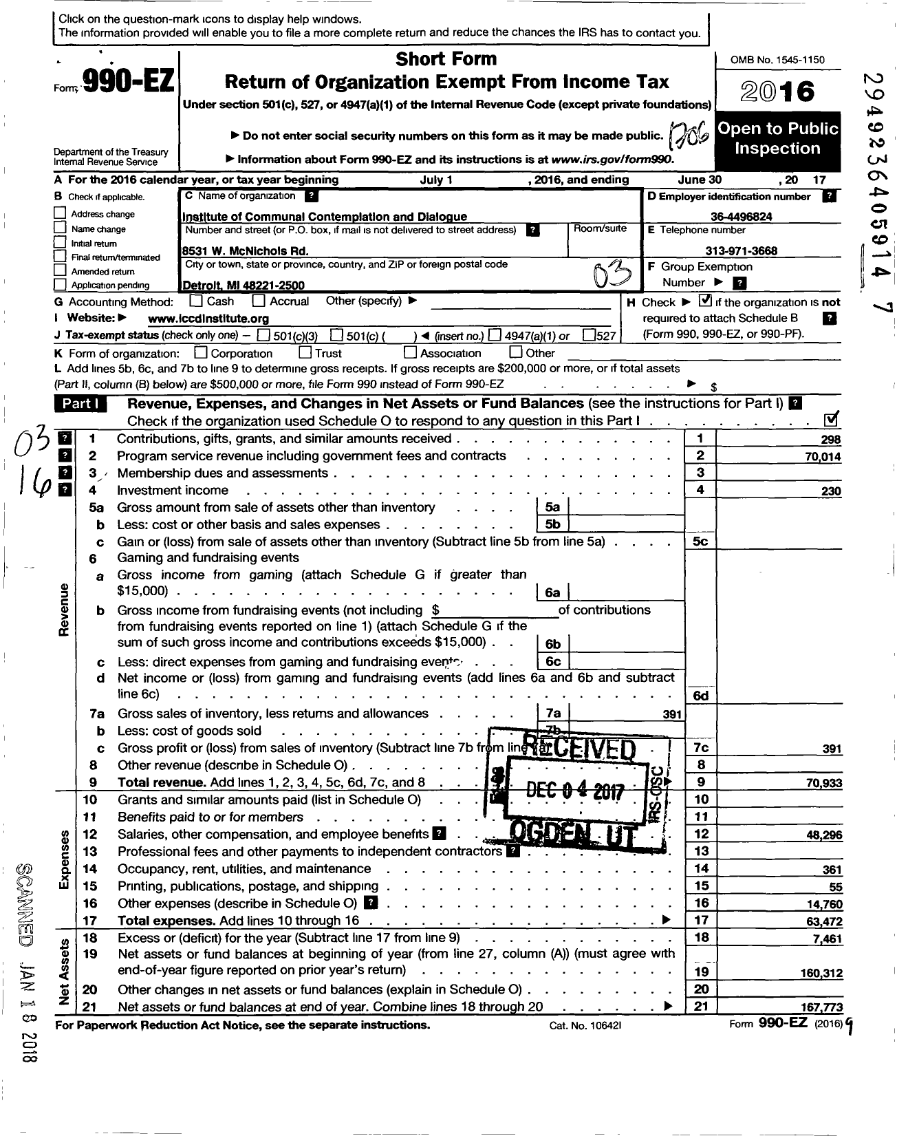 Image of first page of 2016 Form 990EZ for Institute for Contemplation and Dialogue