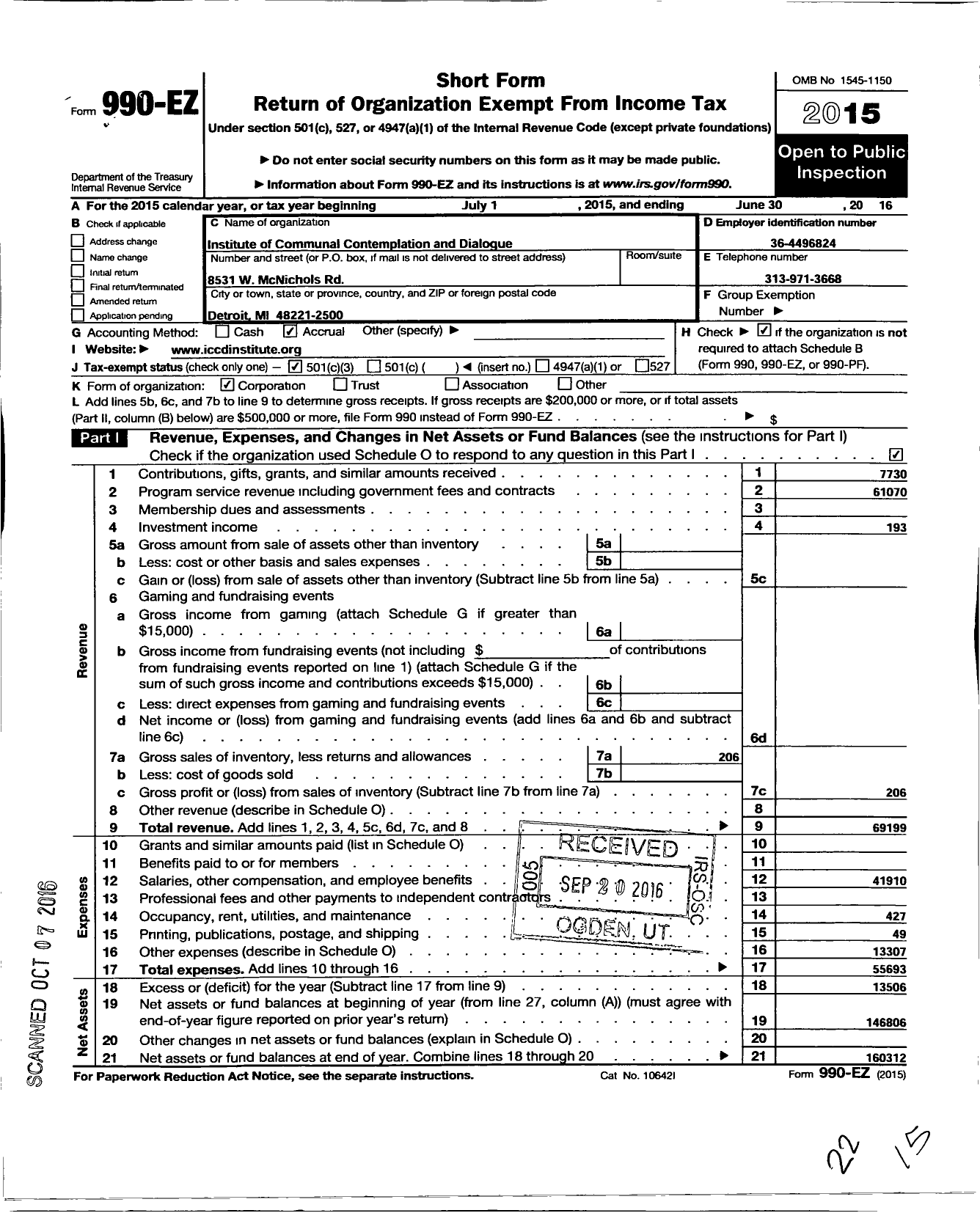 Image of first page of 2015 Form 990EZ for Institute for Contemplation and Dialogue