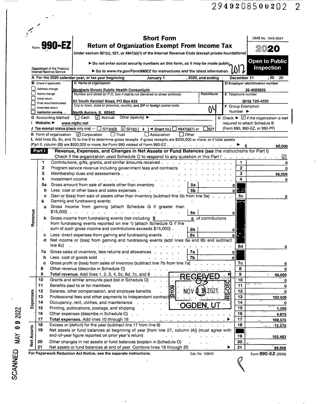 Image of first page of 2020 Form 990EO for Northern Illinois Public Health Consortium