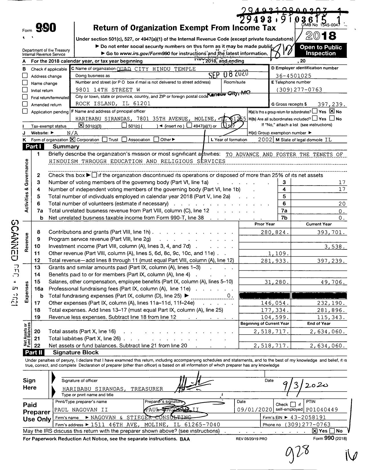 Image of first page of 2018 Form 990 for Quad City Hindu Temple