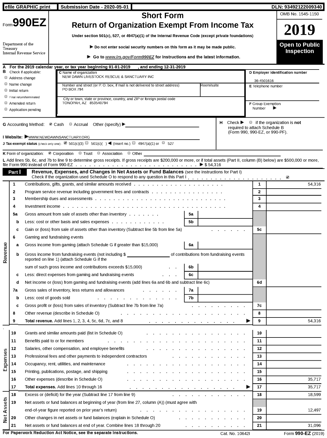 Image of first page of 2019 Form 990EZ for New Dawn Livestock Rescue and Sanctuary