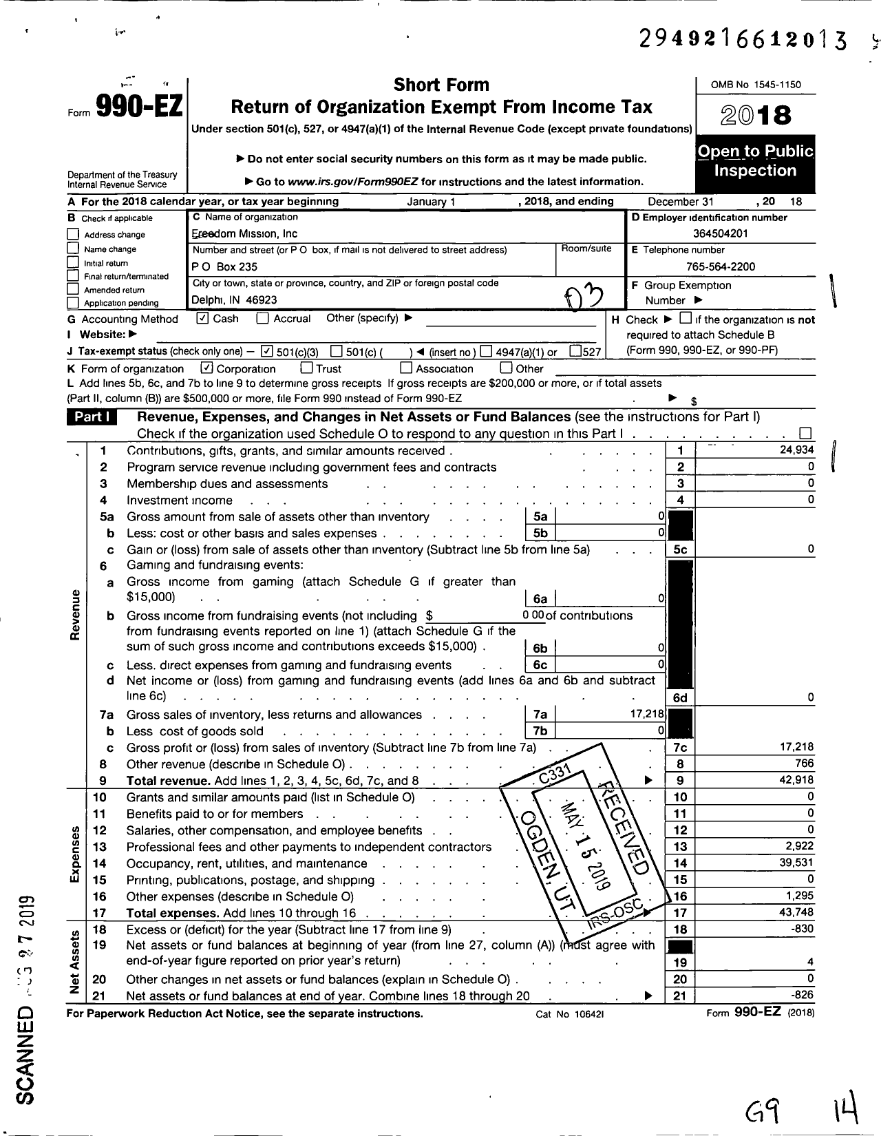 Image of first page of 2018 Form 990EZ for Freedom Mission