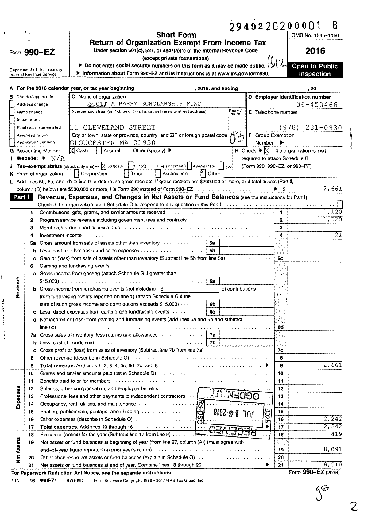 Image of first page of 2016 Form 990EZ for Scott A Barry Scholar Fund