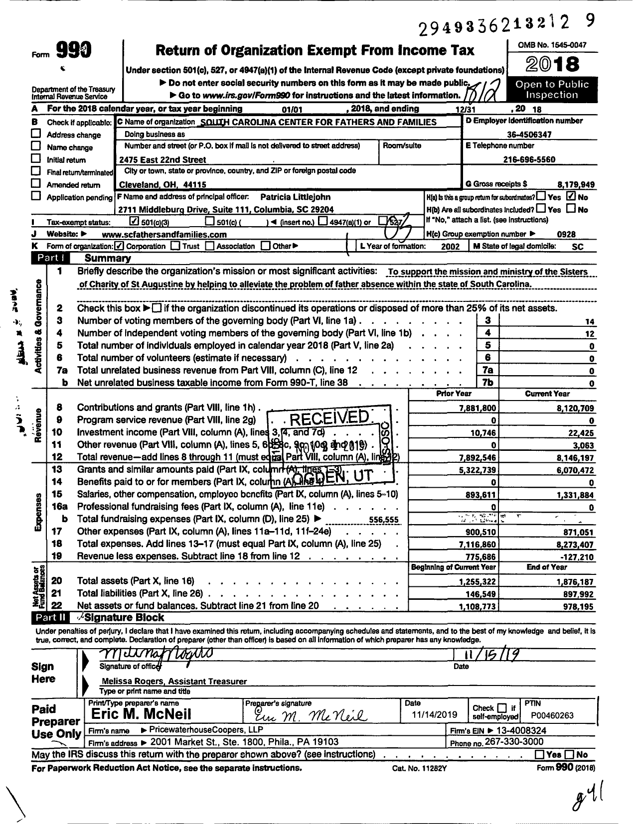 Image of first page of 2018 Form 990 for South Carolina Center for Fathers and Families