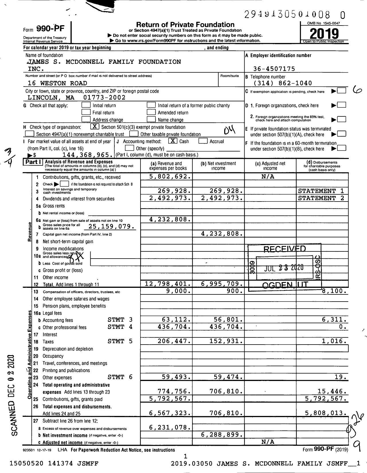 Image of first page of 2019 Form 990PF for James S. McDonnell Family Foundation