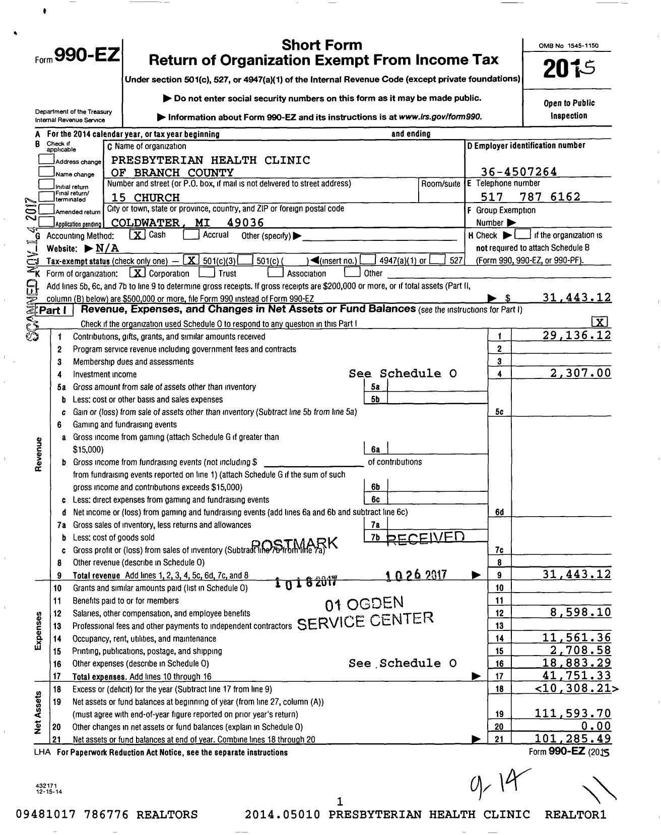 Image of first page of 2015 Form 990EZ for Presbyterian Health Clinic of Branch County