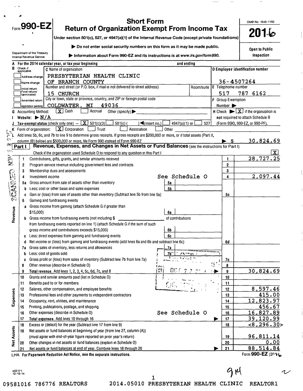 Image of first page of 2016 Form 990EZ for Presbyterian Health Clinic of Branch County