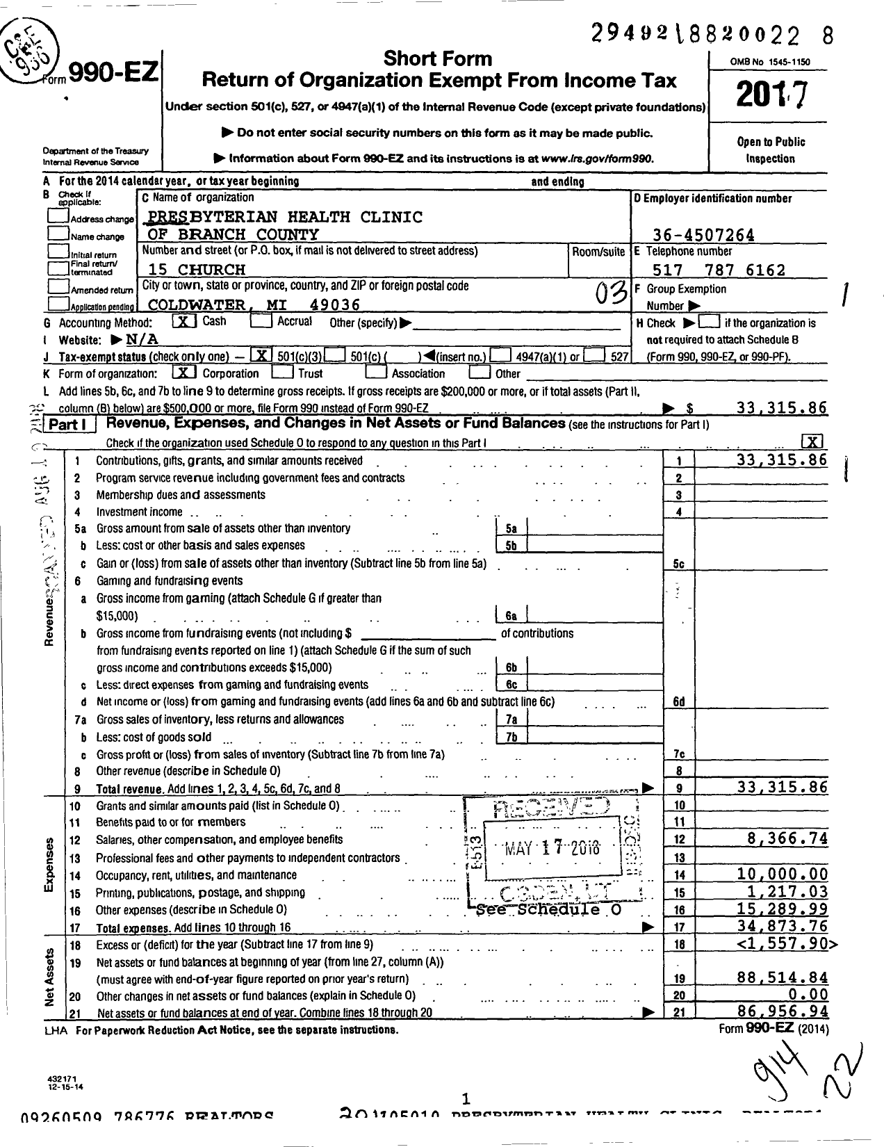 Image of first page of 2017 Form 990EZ for Presbyterian Health Clinic of Branch County