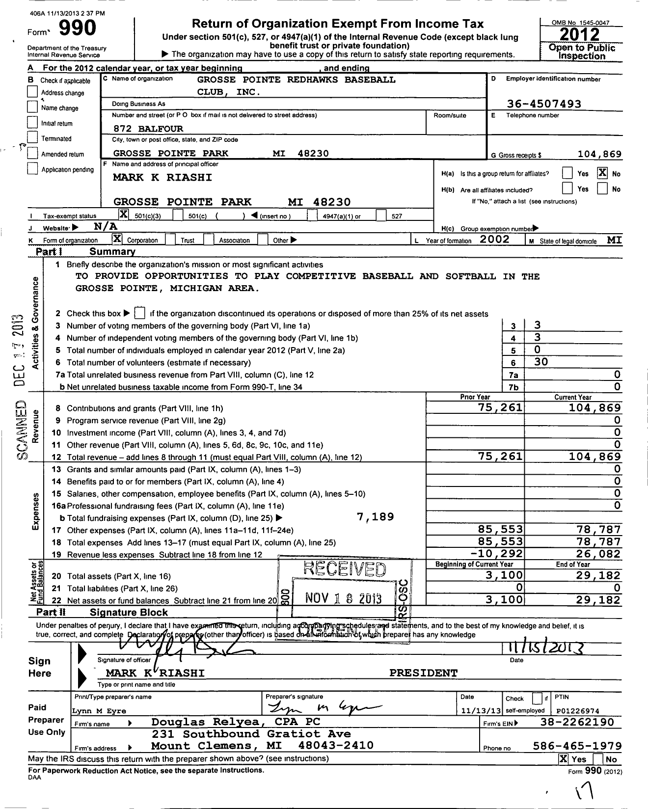 Image of first page of 2012 Form 990 for Grosse Pointe Redhawks Baseball Club