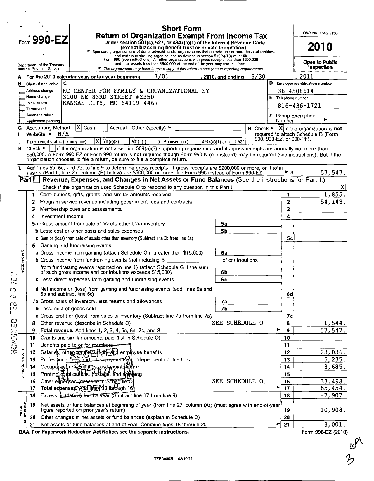 Image of first page of 2010 Form 990EZ for Kansas City Center for Family and Organizational System