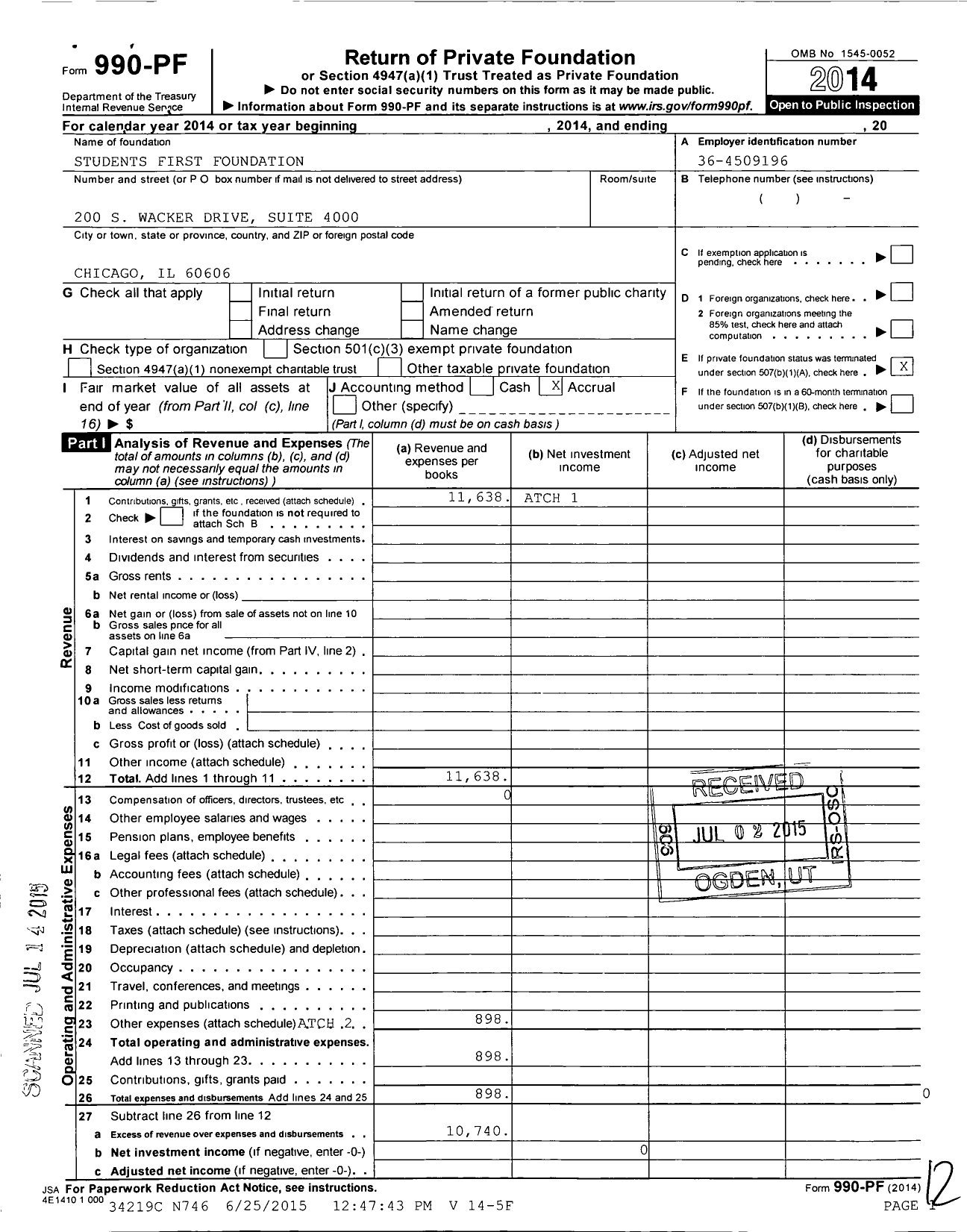 Image of first page of 2014 Form 990PF for Students First Foundation