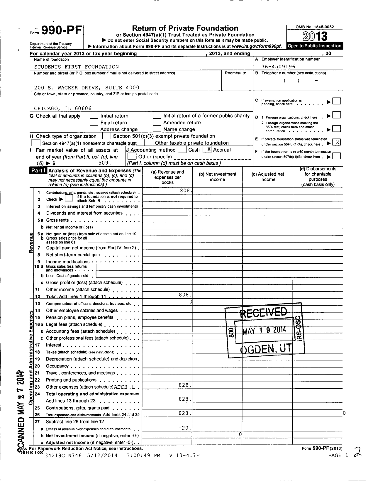 Image of first page of 2013 Form 990PF for Students First Foundation