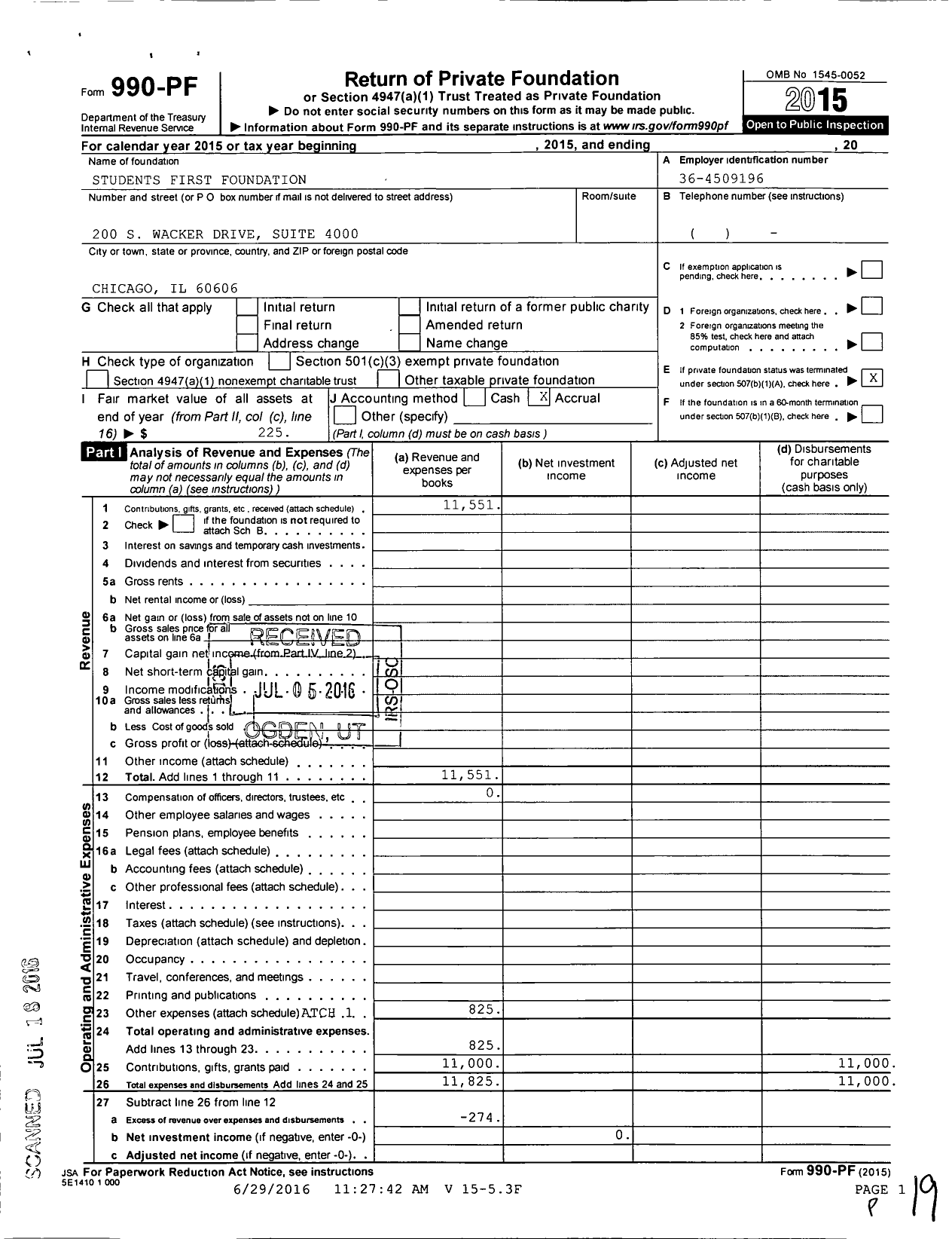 Image of first page of 2015 Form 990PF for Students First Foundation