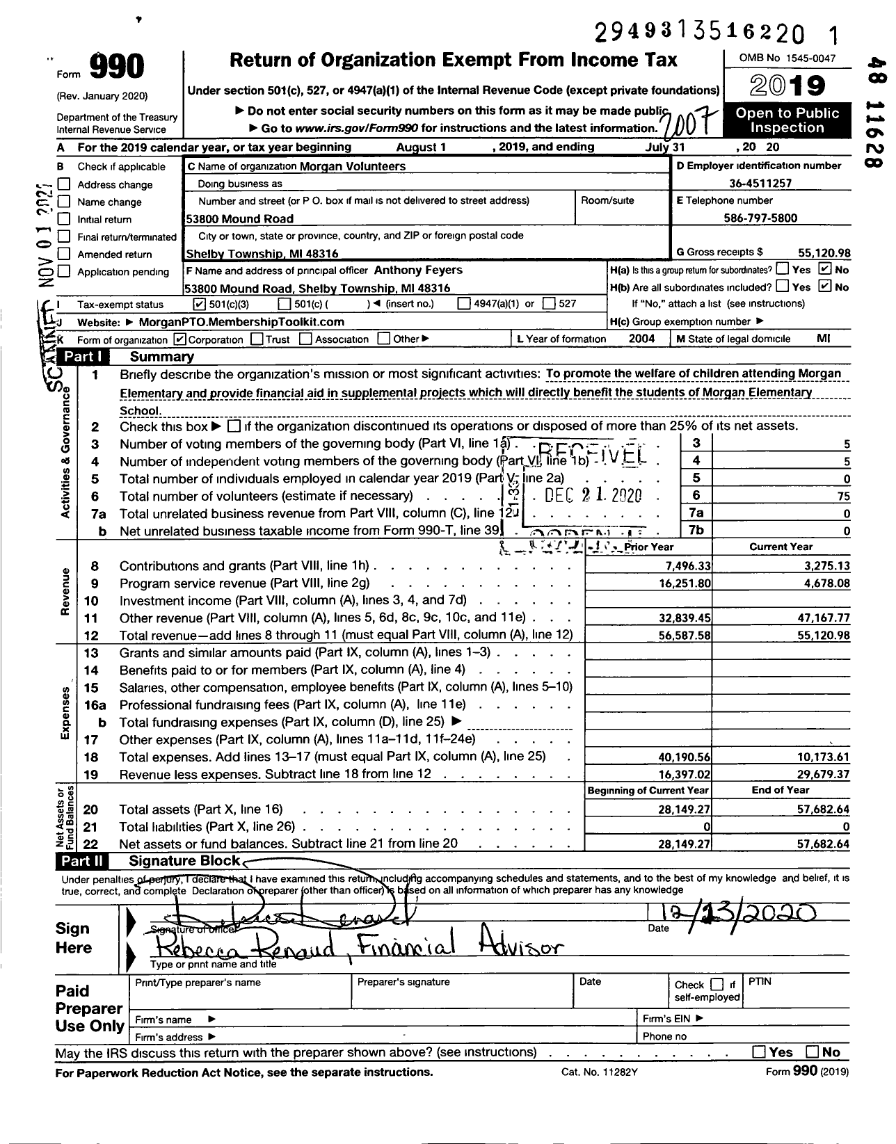 Image of first page of 2019 Form 990 for Morgan Volunteers