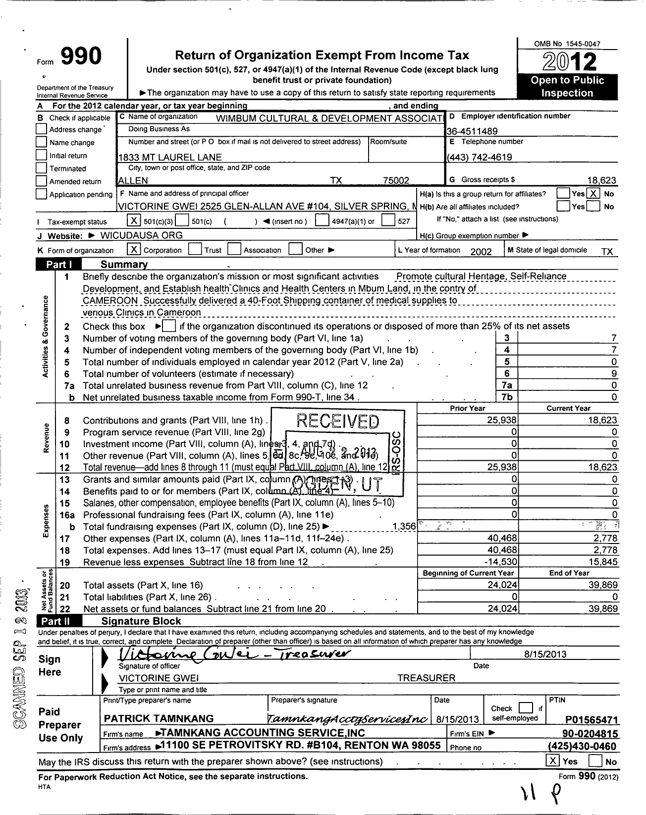 Image of first page of 2012 Form 990 for Wimbum Cultural and Development Association-USA