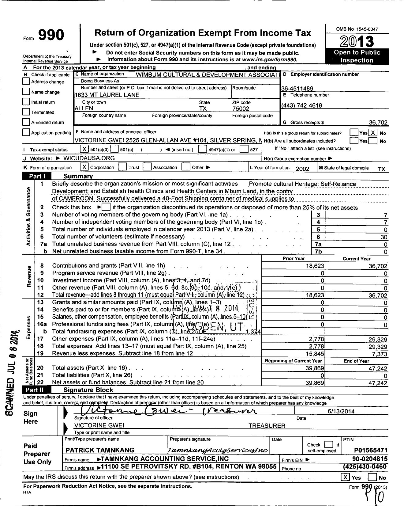 Image of first page of 2013 Form 990 for Wimbum Cultural and Development Association-USA