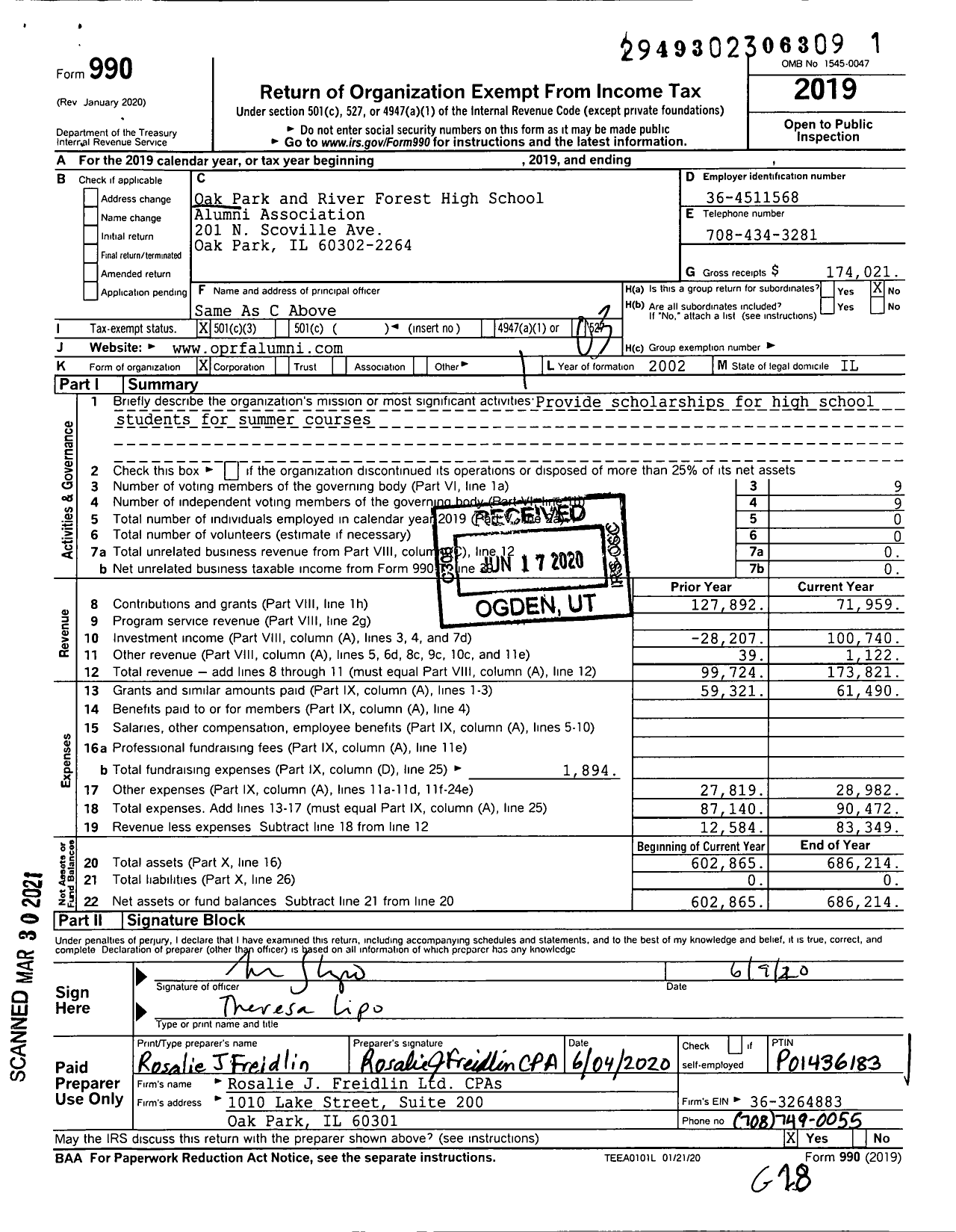 Image of first page of 2019 Form 990 for Oak Park and River Forest HS Alumni Association