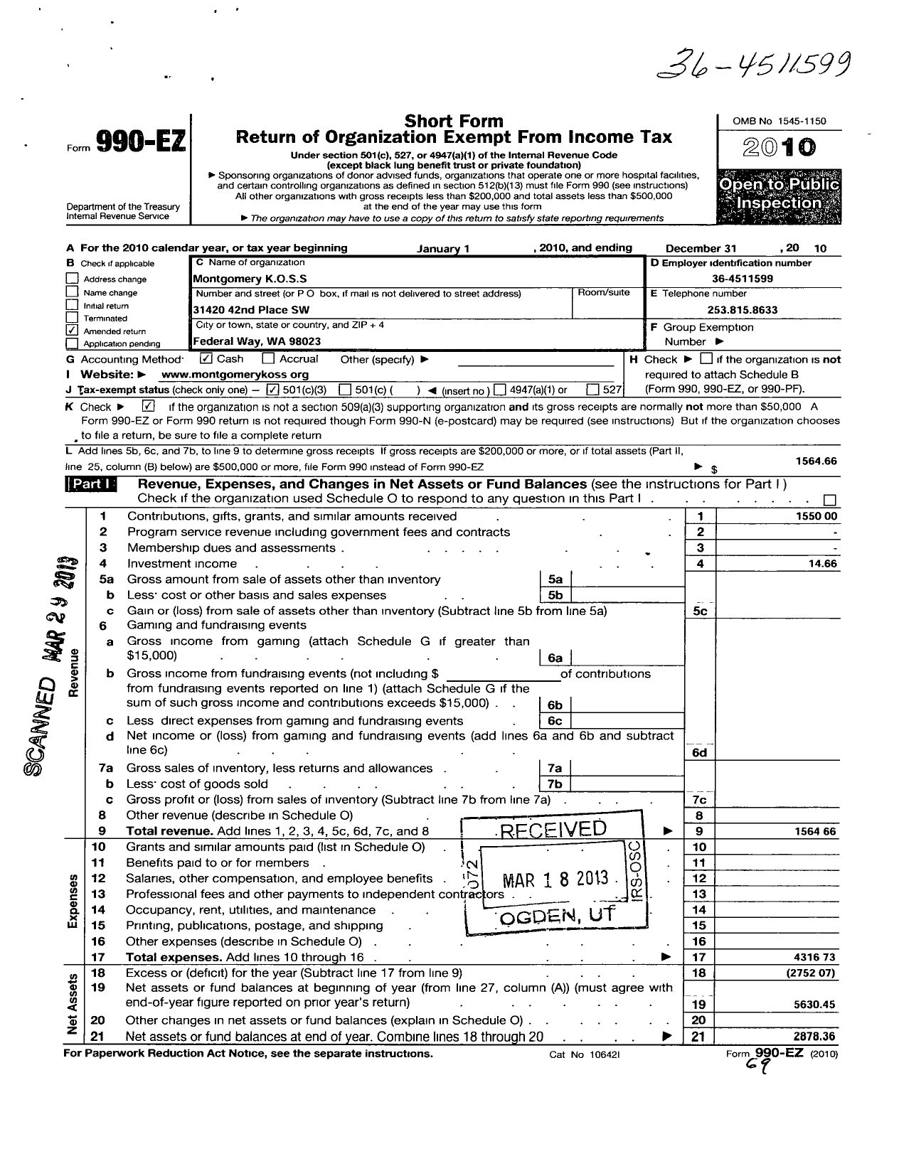 Image of first page of 2010 Form 990EZ for Montgomery Koss