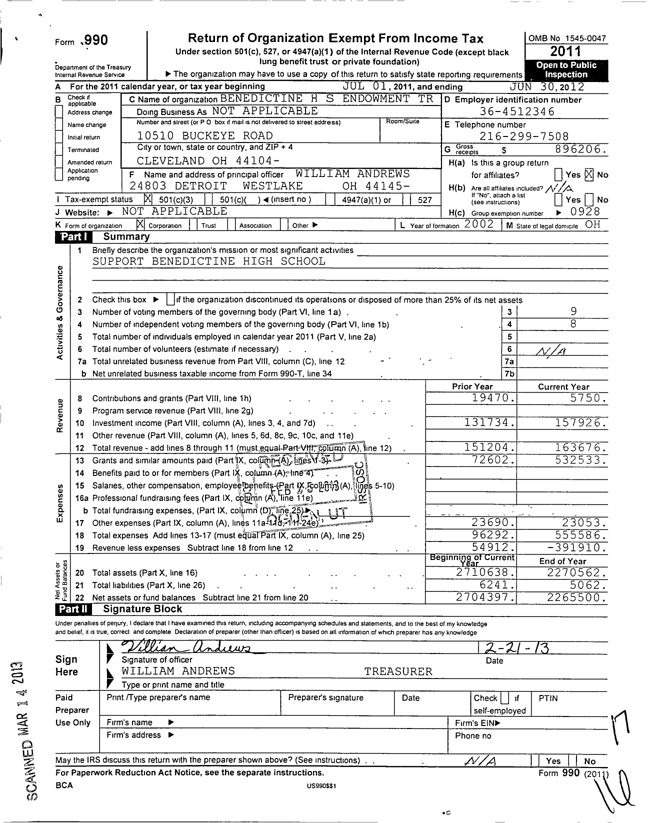 Image of first page of 2011 Form 990 for Benedictine H S Endowment Trust