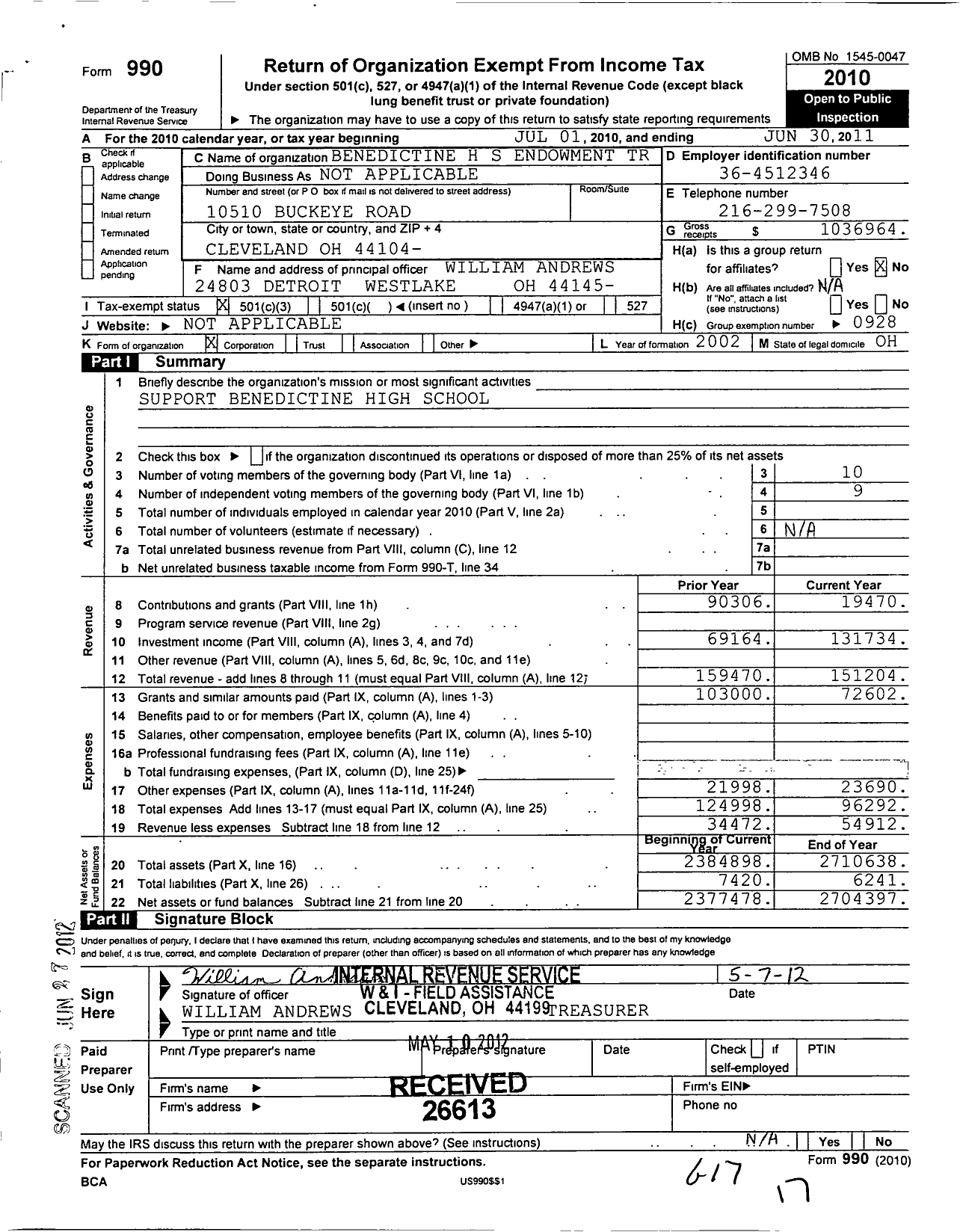 Image of first page of 2010 Form 990 for Benedictine H S Endowment Trust